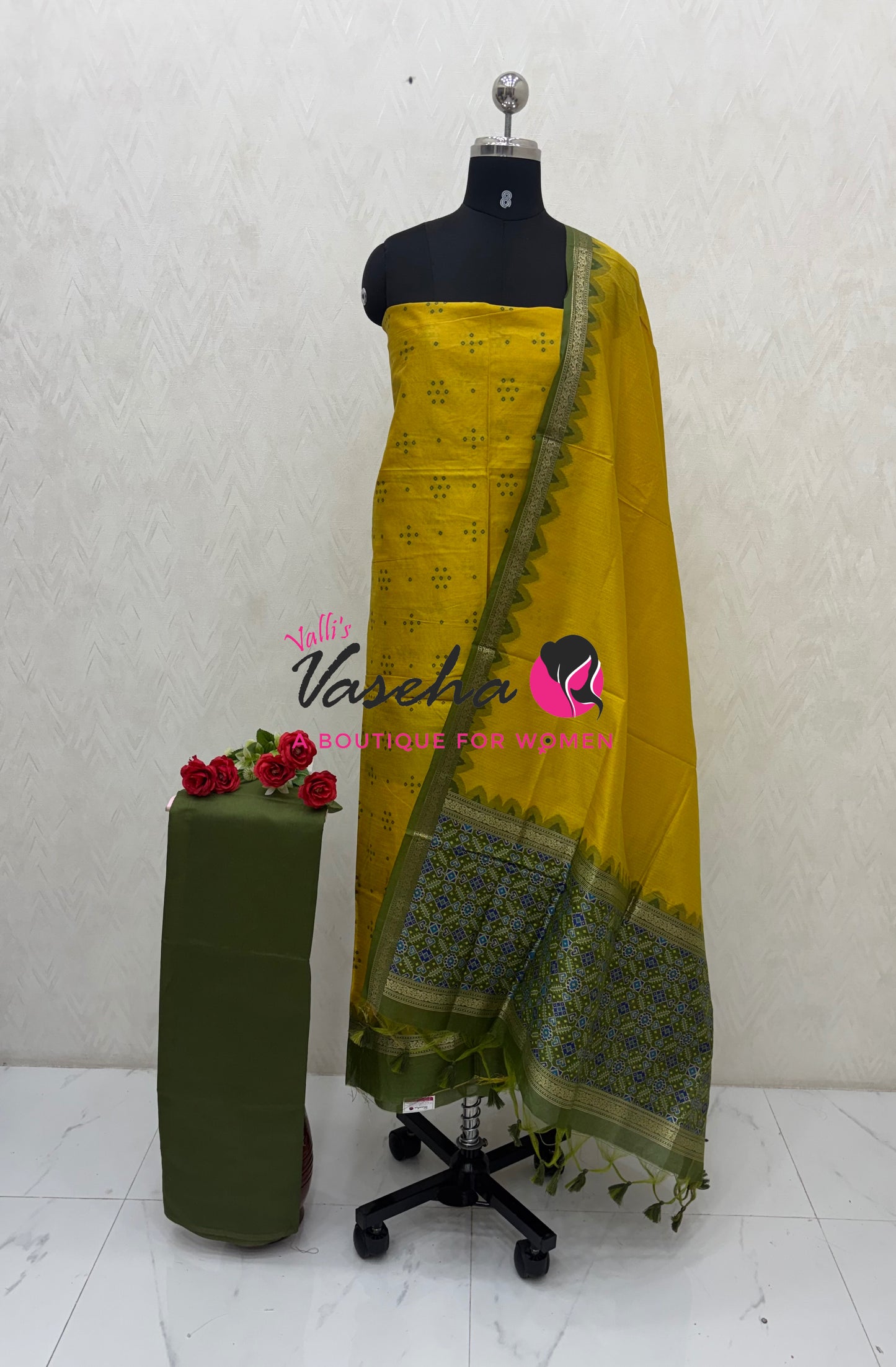 Unstitched Raw Silk Material | Yellow & Green | VVUSM082