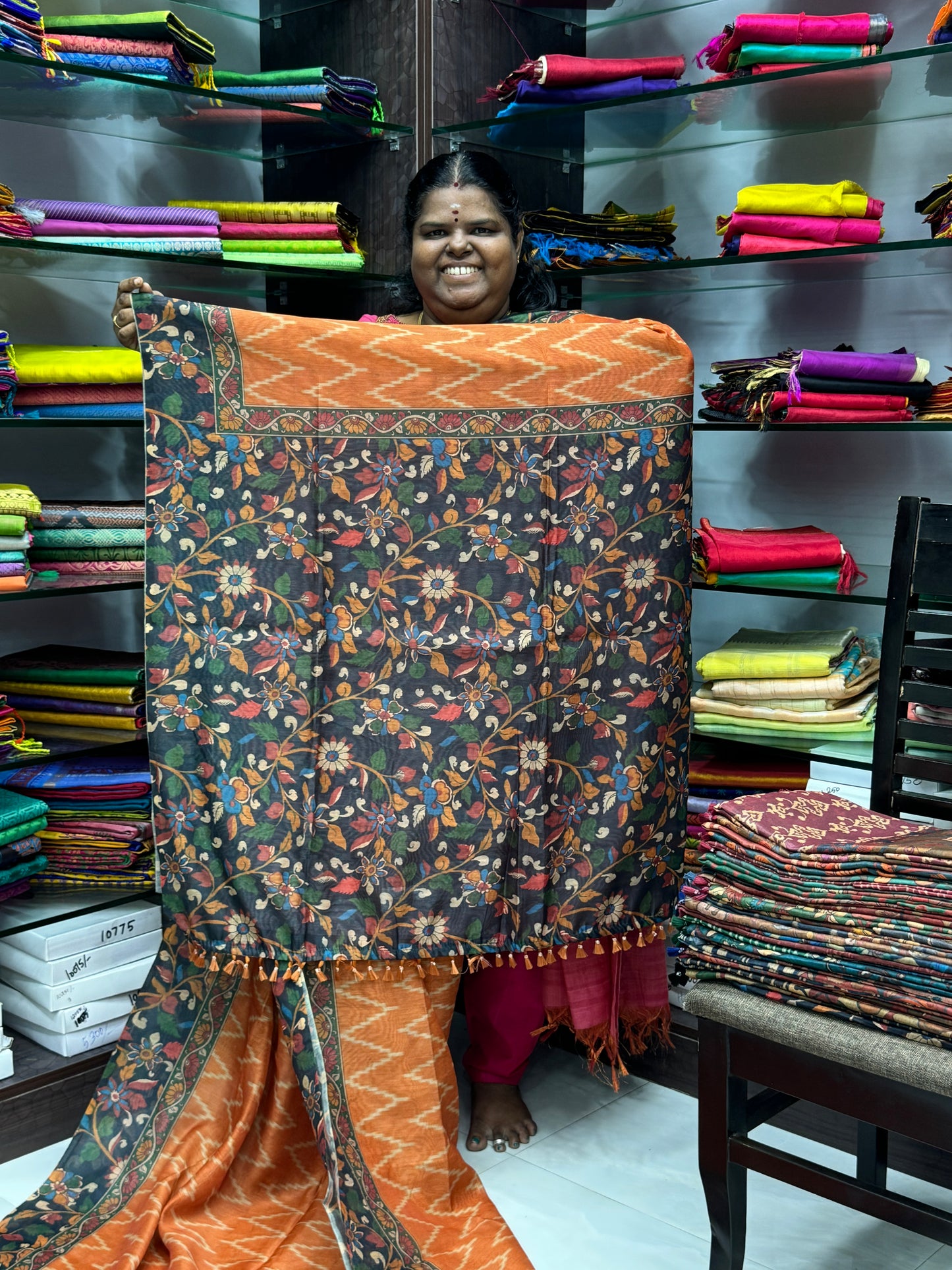 Chanderi Mixed Cotton Saree - Ikkat & kalamkari design - VVCC002