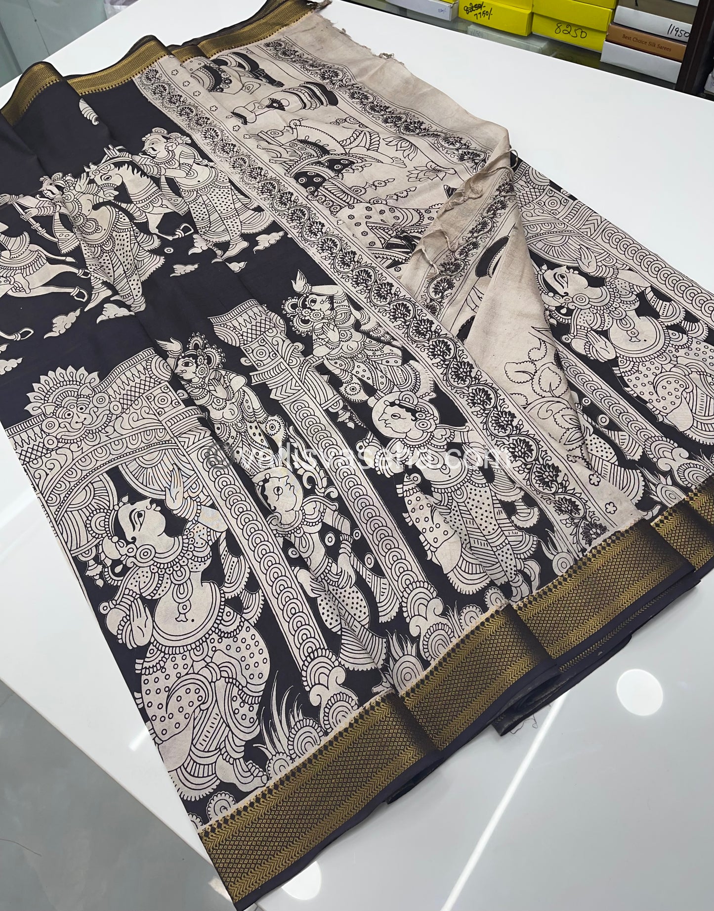 Chennur Silk | Kalamkari Prints | Black With White -VVCS005
