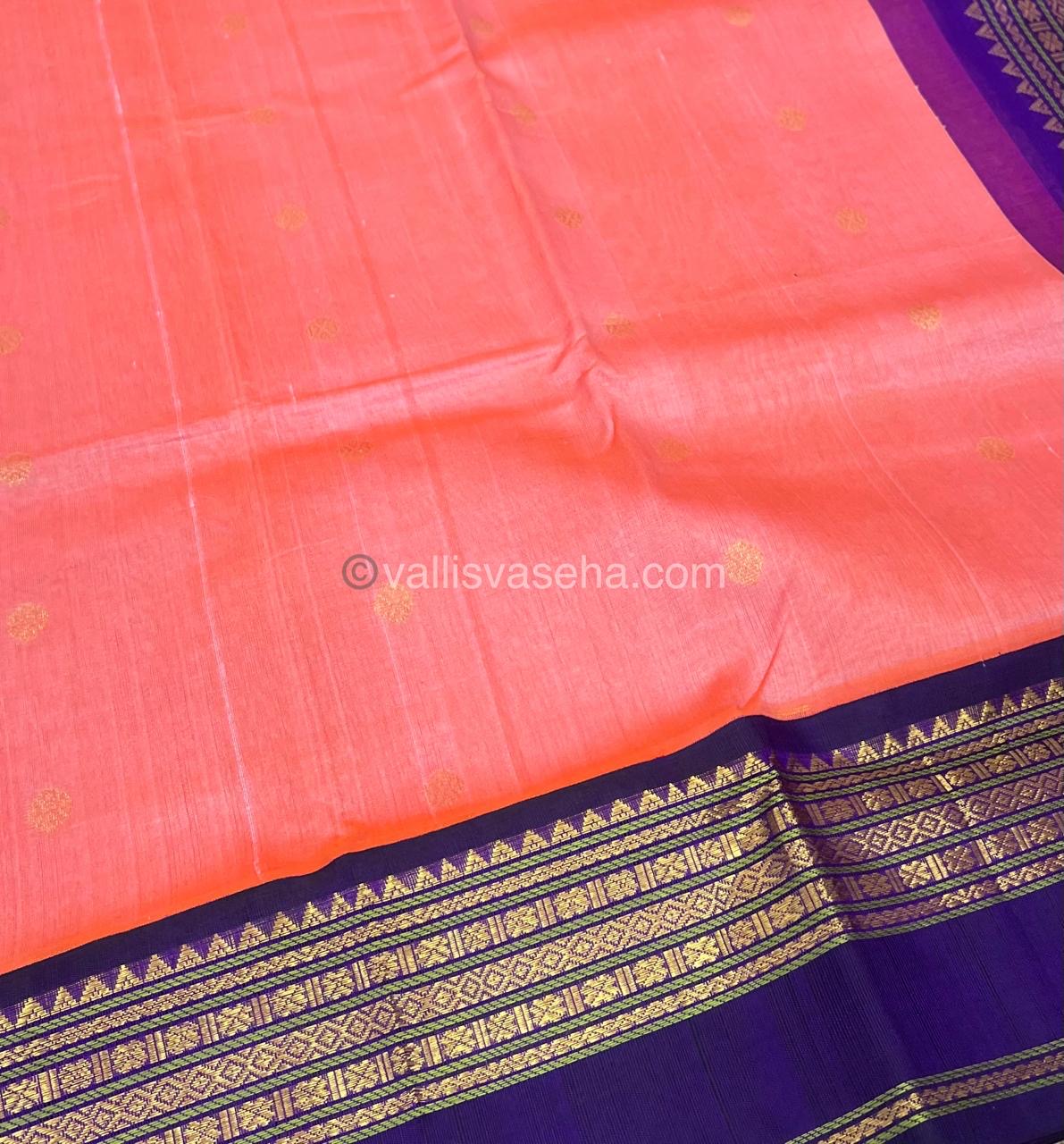 Pure Korvai Silk Cotton Saree - Double tone Peachish Pink with Violetish Purple - Retta Petta border - VVKSC004