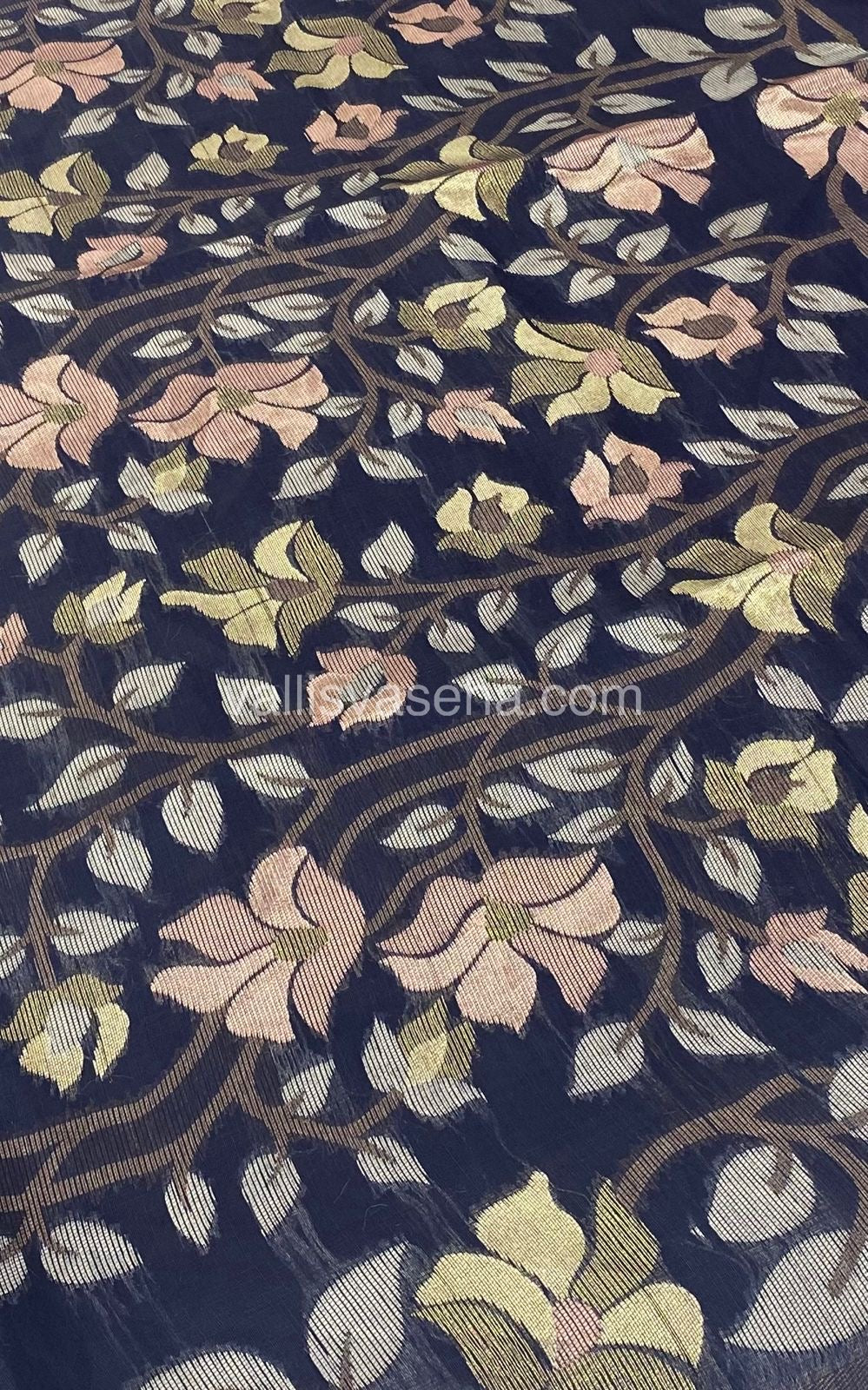 Semi Raw Silk with Jamdhani Design Weaving - Navy Blue Shade - VVRS001