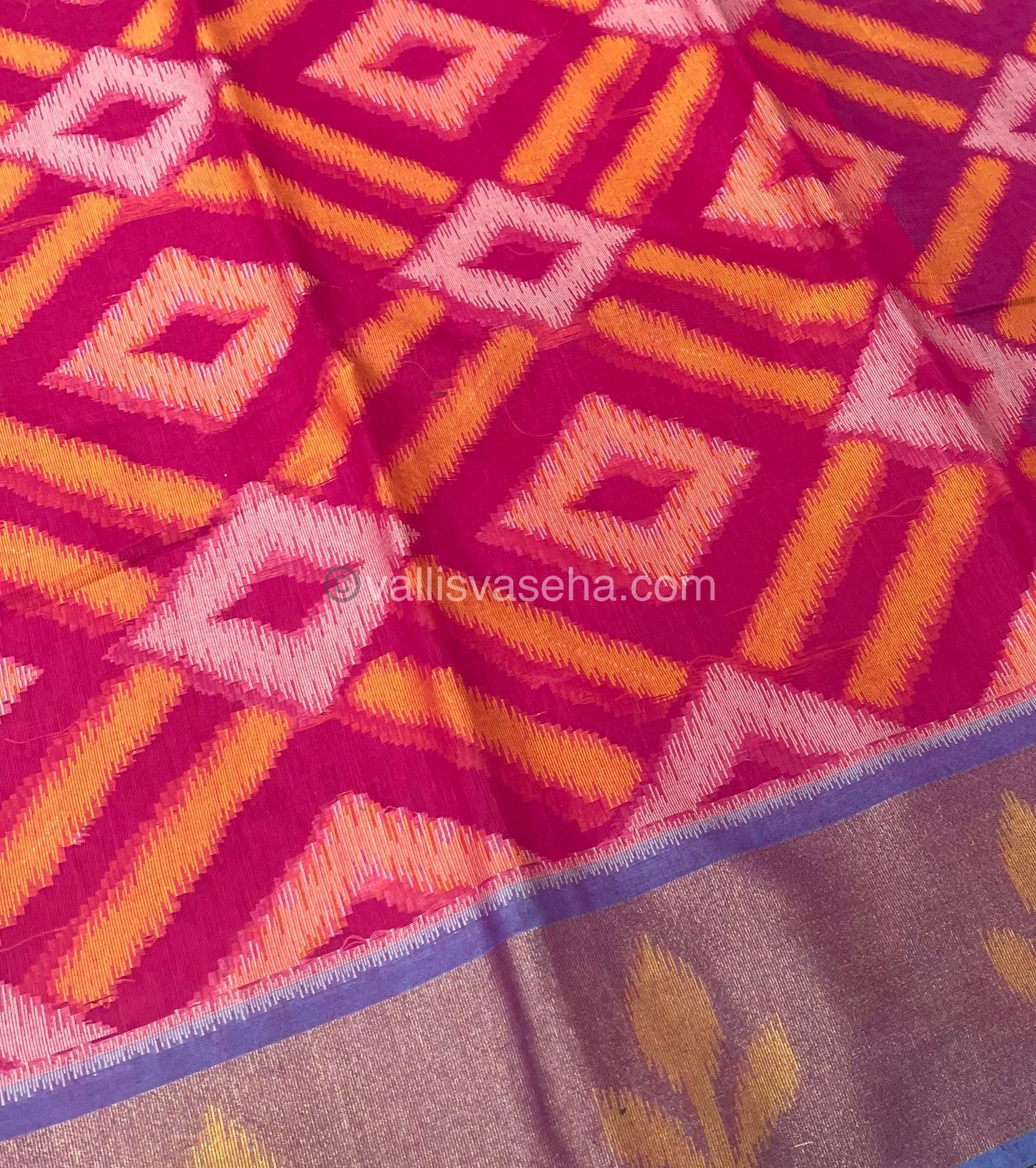 Banarasi Pochampally Weaving Semi Soft Cotton Saree - Pink with Blue - VVBPS001