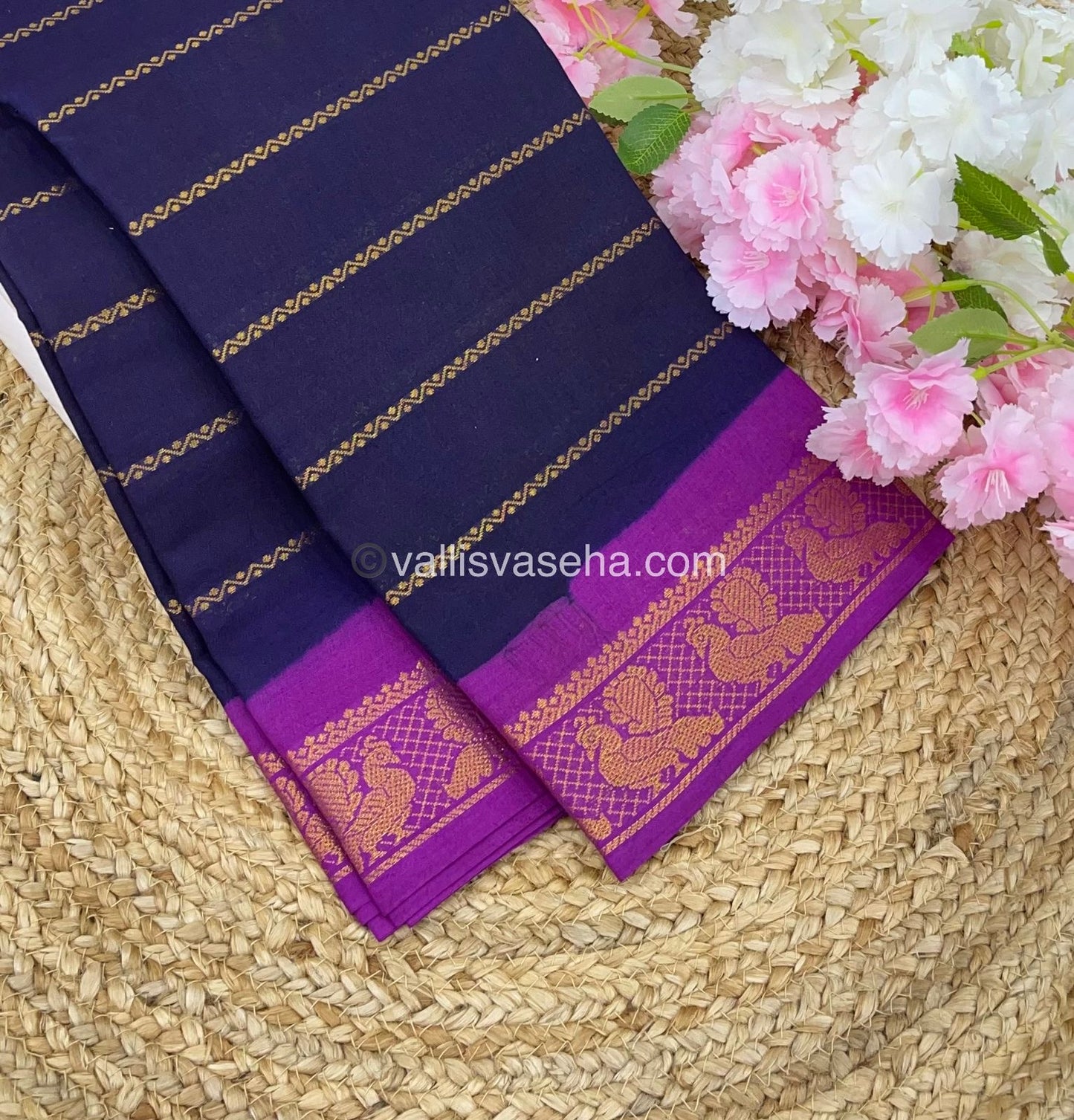 Sungudi Cotton Saree | Velthari Design - Navy Blue with Purple Shade - VVSCV001