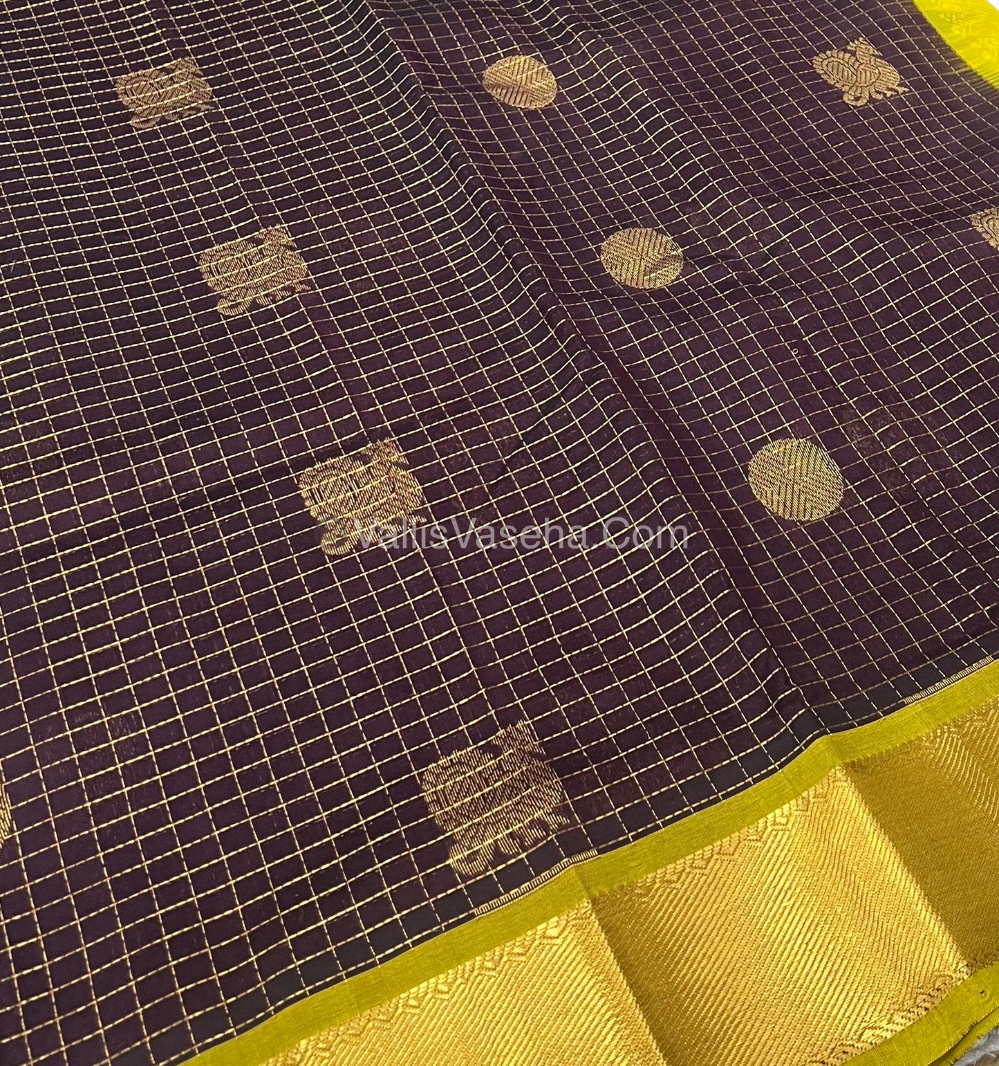 Pure Silk Cotton Saree - Mayil & Chakkaram Design - Brown With Lemon yellow Combo - VVMC002