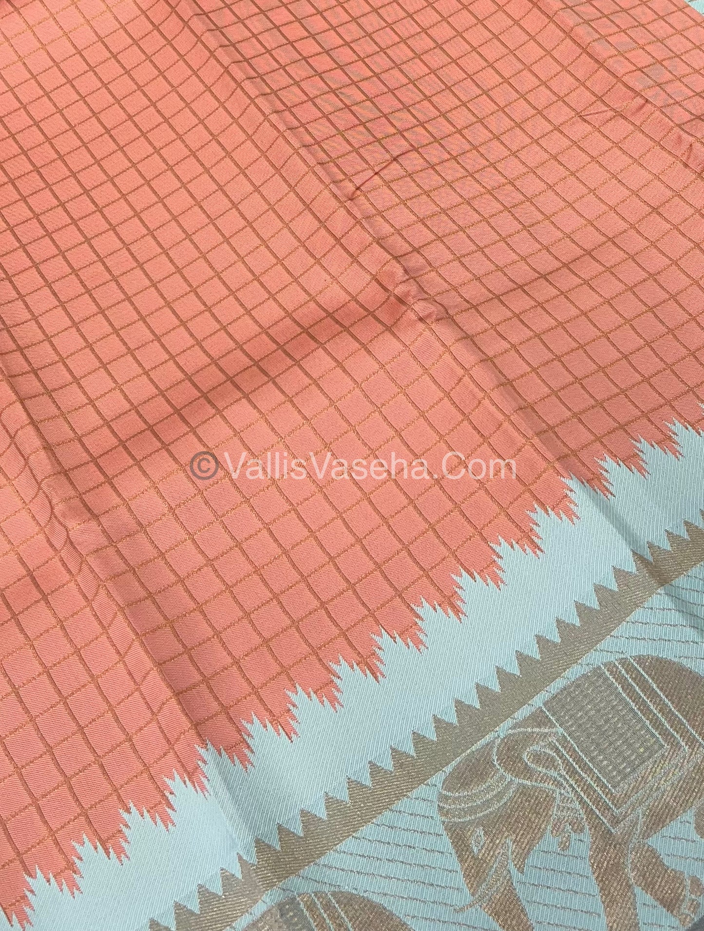Semi Silk Saree - Kanchi Silk Style - Elephant Border - Light Peach with Light Blue - VVSSS005