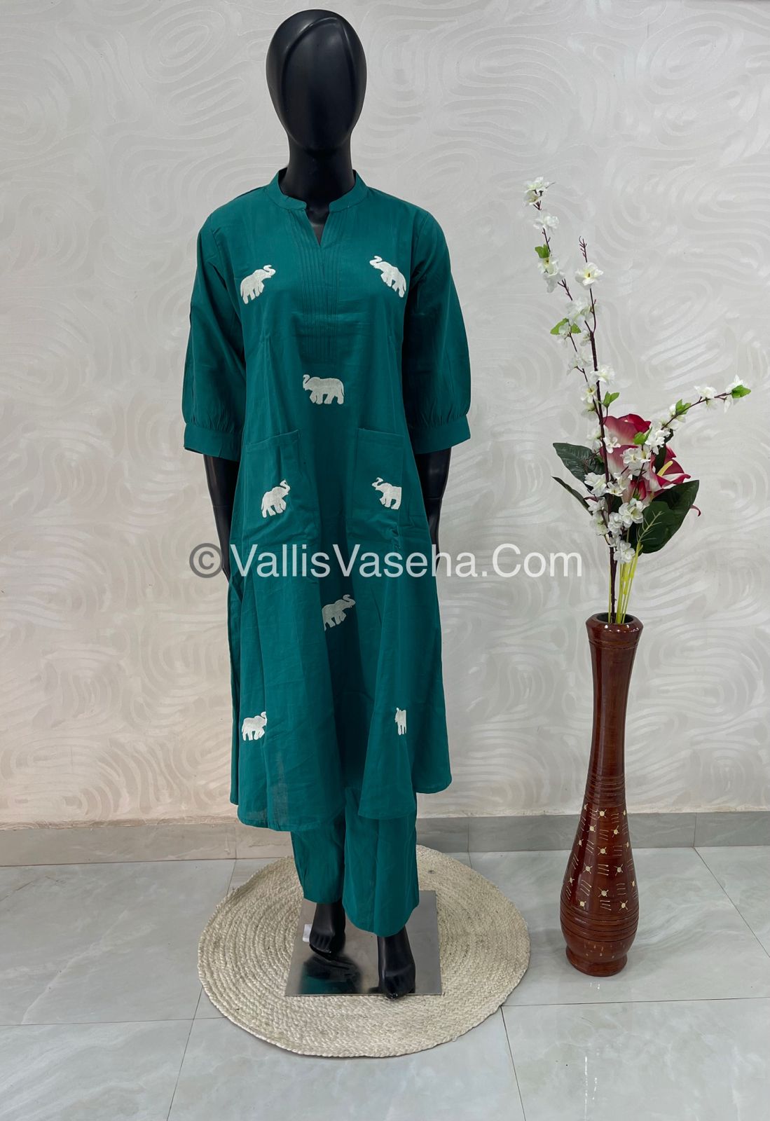 Trendy Pure Cotton - Co-ord Set - A line - Elephant Embroidery- Ramar Green Shade - VVRCS002