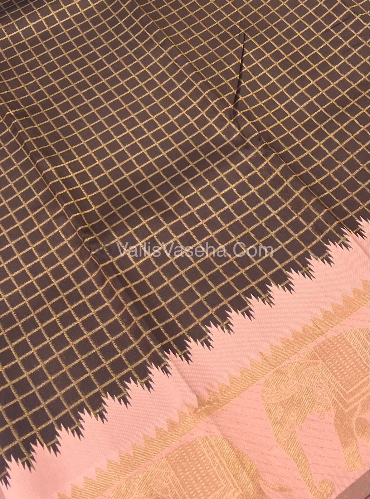 Semi Silk Saree - Kanchi Silk Style - Elephant Border - Brown with Peach - VVSSS005