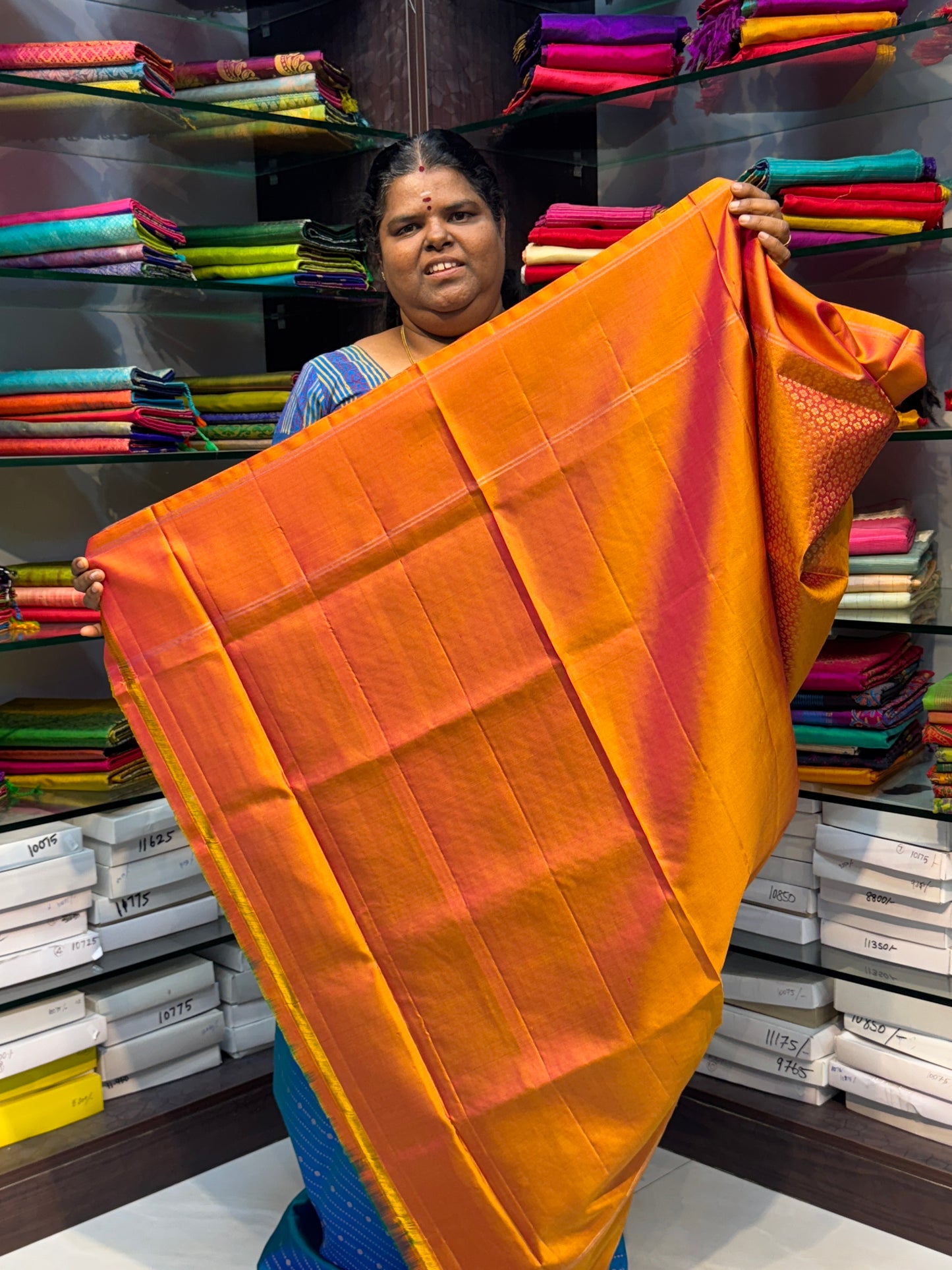 Pure Soft Silk Saree - Vaira Voosi Design - Blue & Peachish Orange Combo - VVPSS021