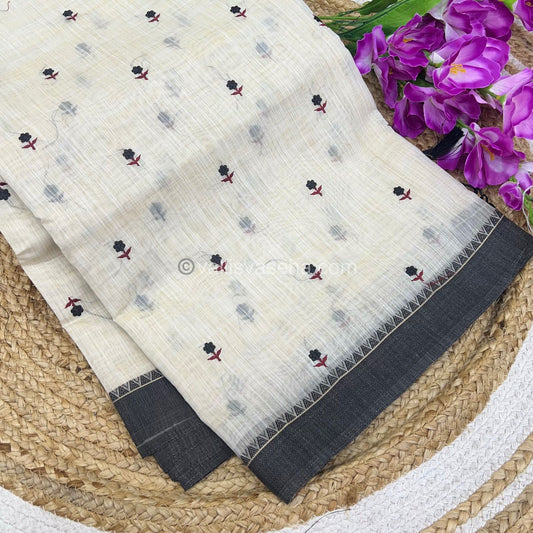 Semi Tussar Embroidery - Cream with Greyish Black Combo - VVSTE001