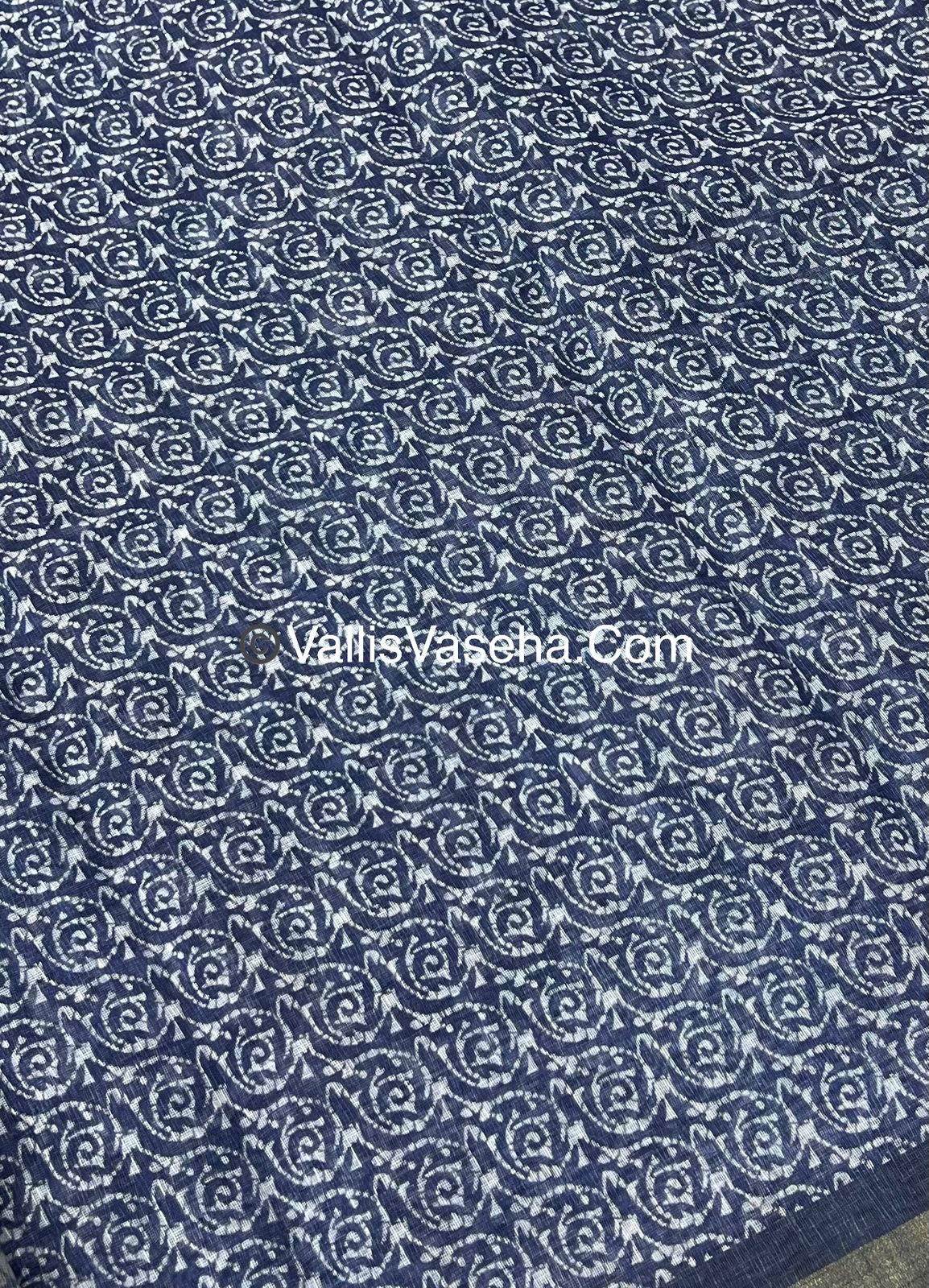 Linen Mixed Cotton Saree - Indigo Blue - Printed - VVLMP001