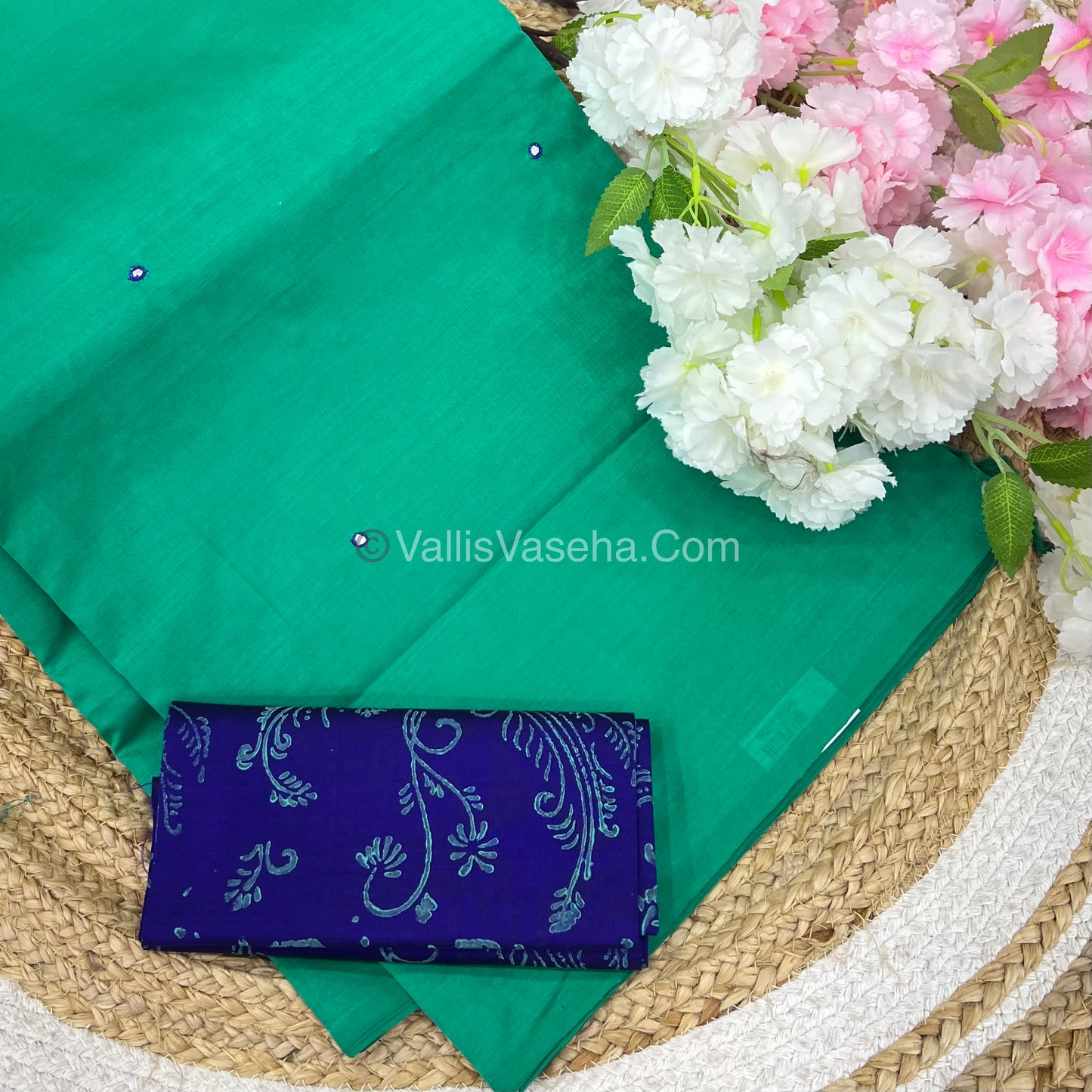 South Mixed Cotton - Mirror Work Embroidery - Green With Violet - VVPCM002
