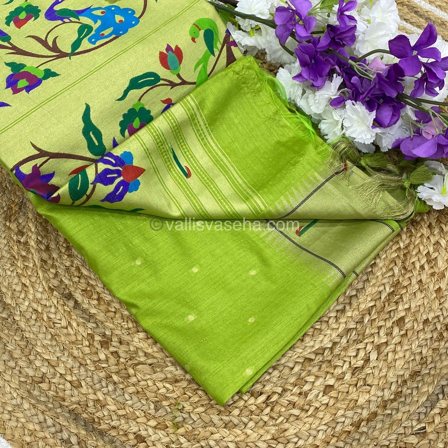 Semi Raw Silk - Paithani Design Weaving - Green Shade - VVRS005