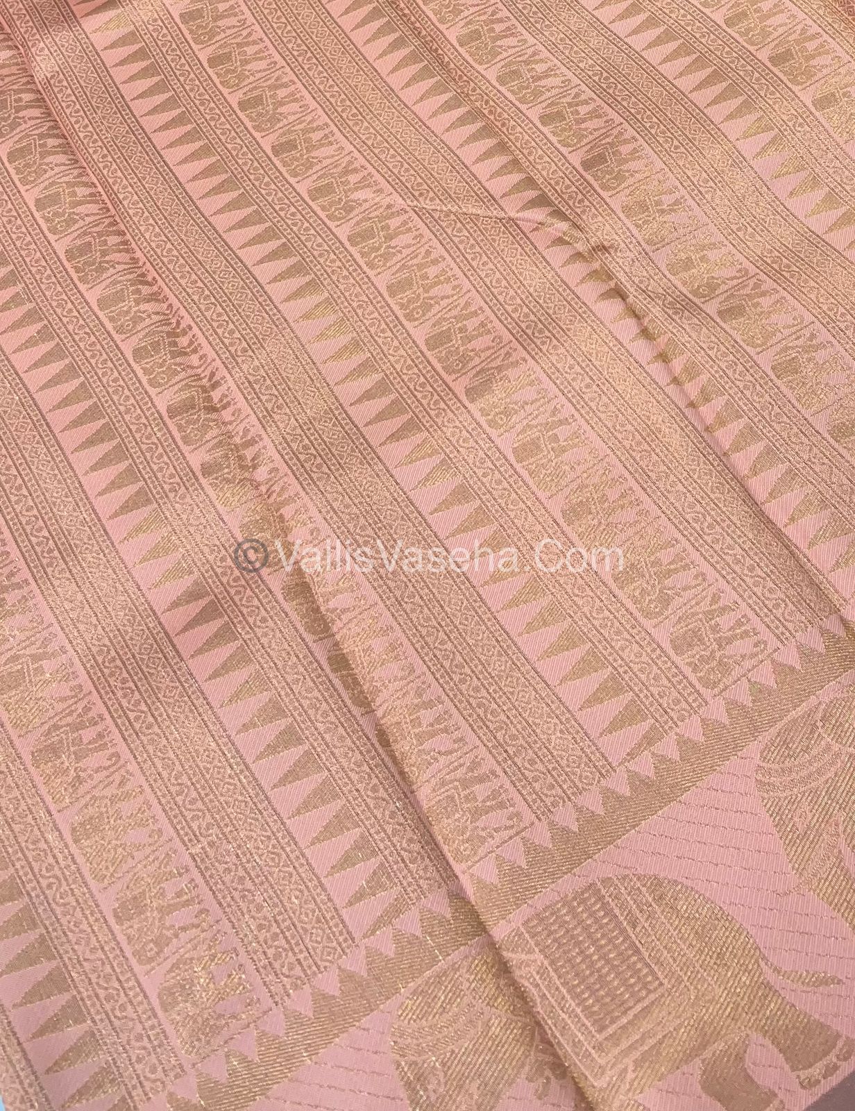 Semi Silk Saree - Kanchi Silk Style - Elephant Border - Brown with Peach - VVSSS005