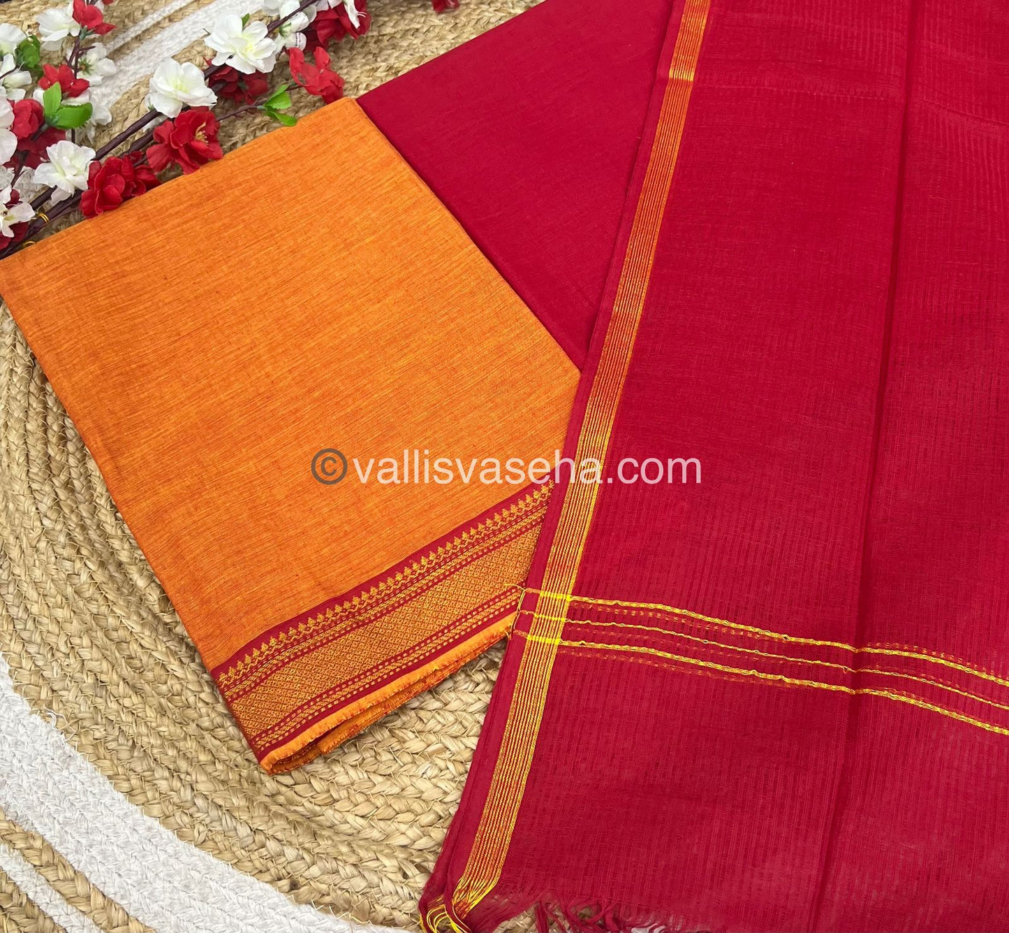 Unstitched Salwar Material - Mangalagiri Cotton - Orange & Red Shade - VVUSM014