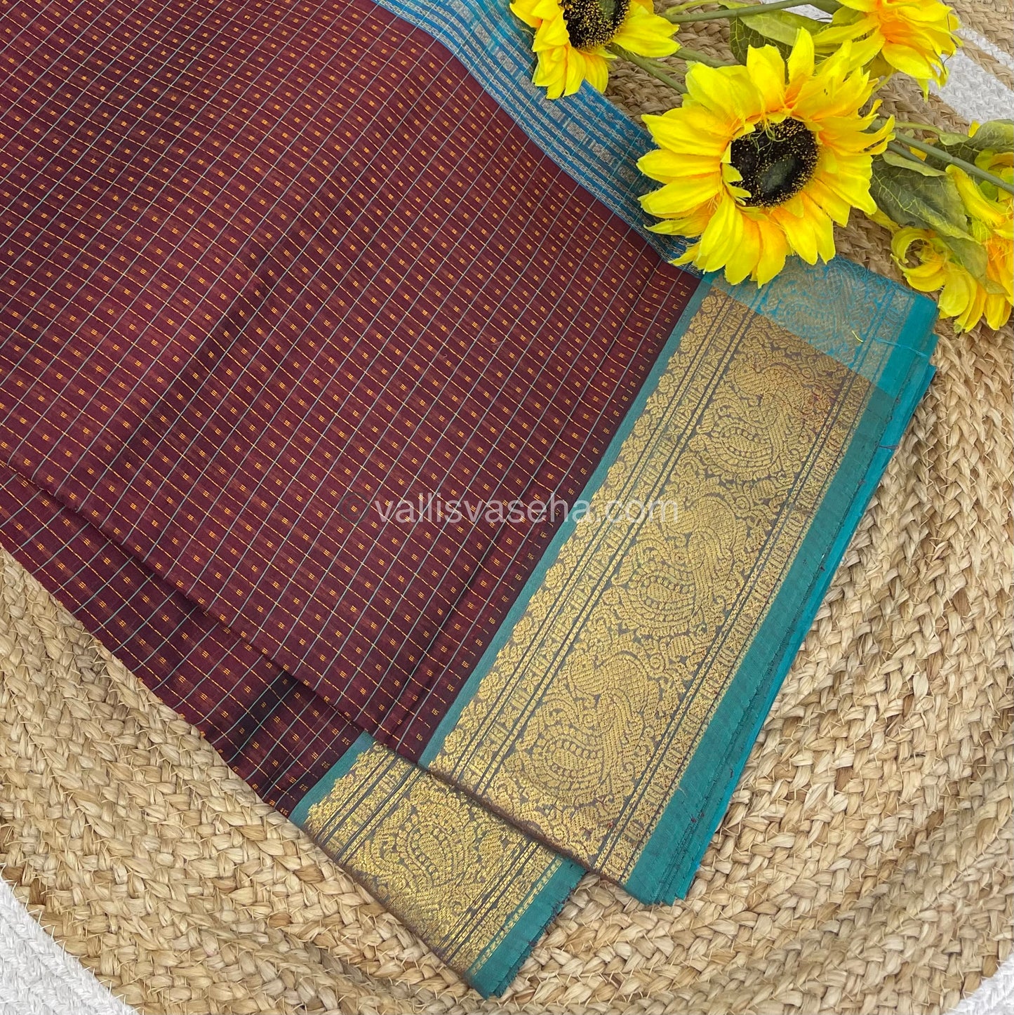 Pure Silk Cotton Saree - Maroon With Turquoise Blue Shade- Lakshadeepam Design - VVPLD001