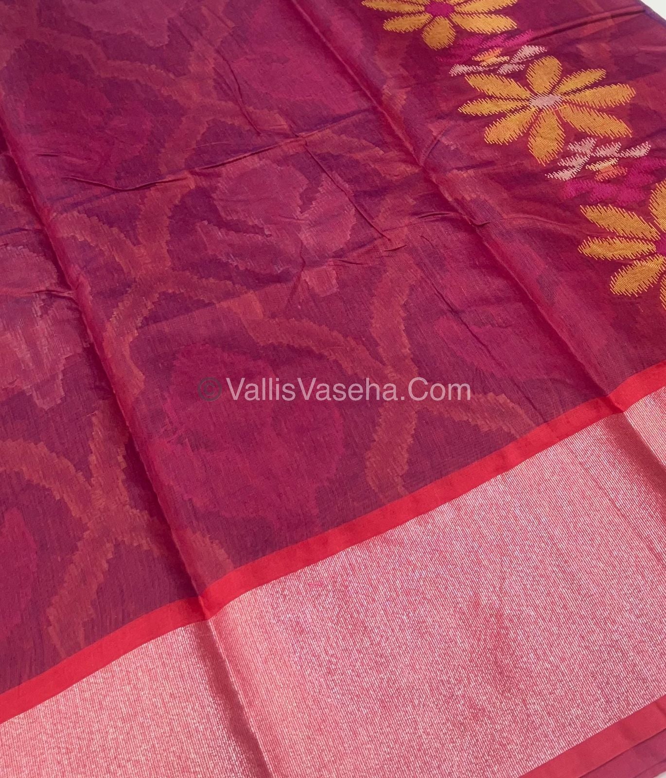 Banarasi Pochampally Weaving Semi Soft Cotton Saree - Purplish Pink with Maroon - VVBPS001