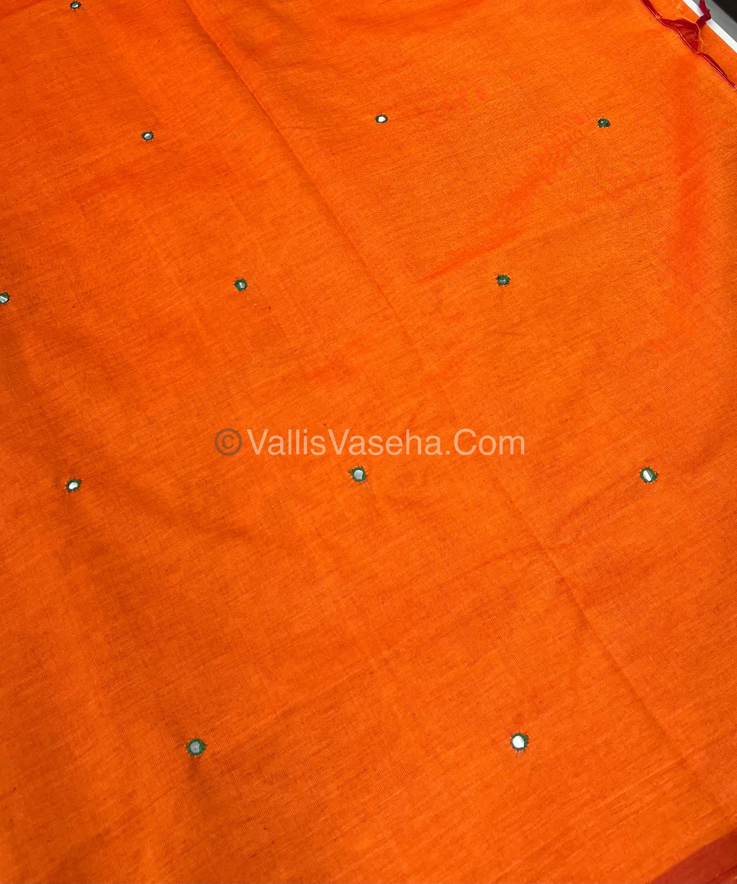 South Mixed Cotton - Mirror Work Embroidery - Orange With Green - VVPCM002