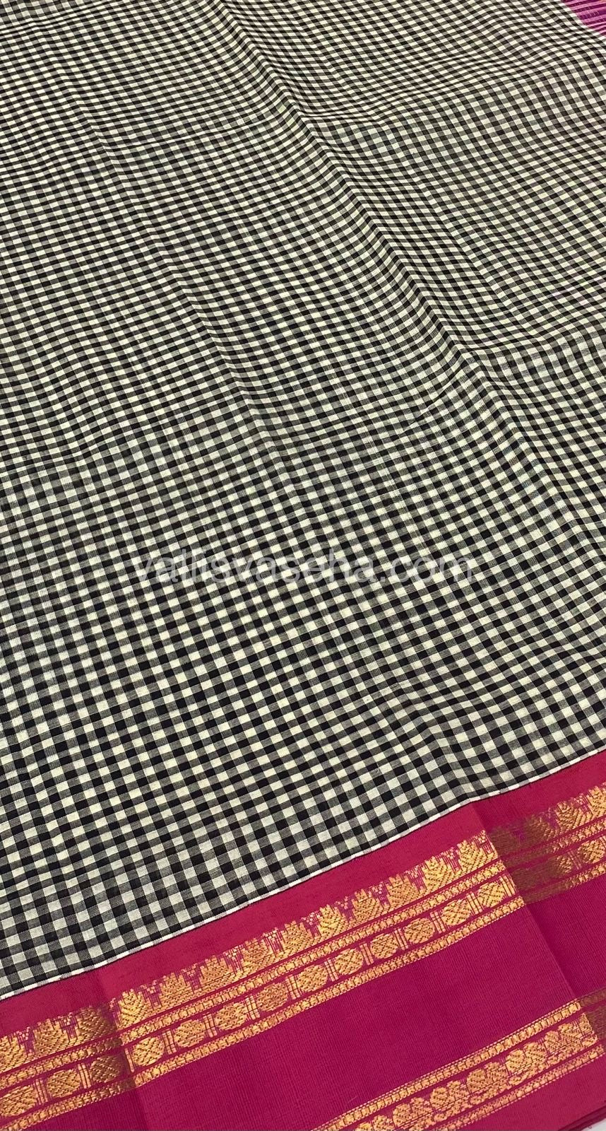 Pure Korvai Silk Cotton - Podi Kattam - Black & White with Pink Combo - Retta Petta Border - VVKSC003