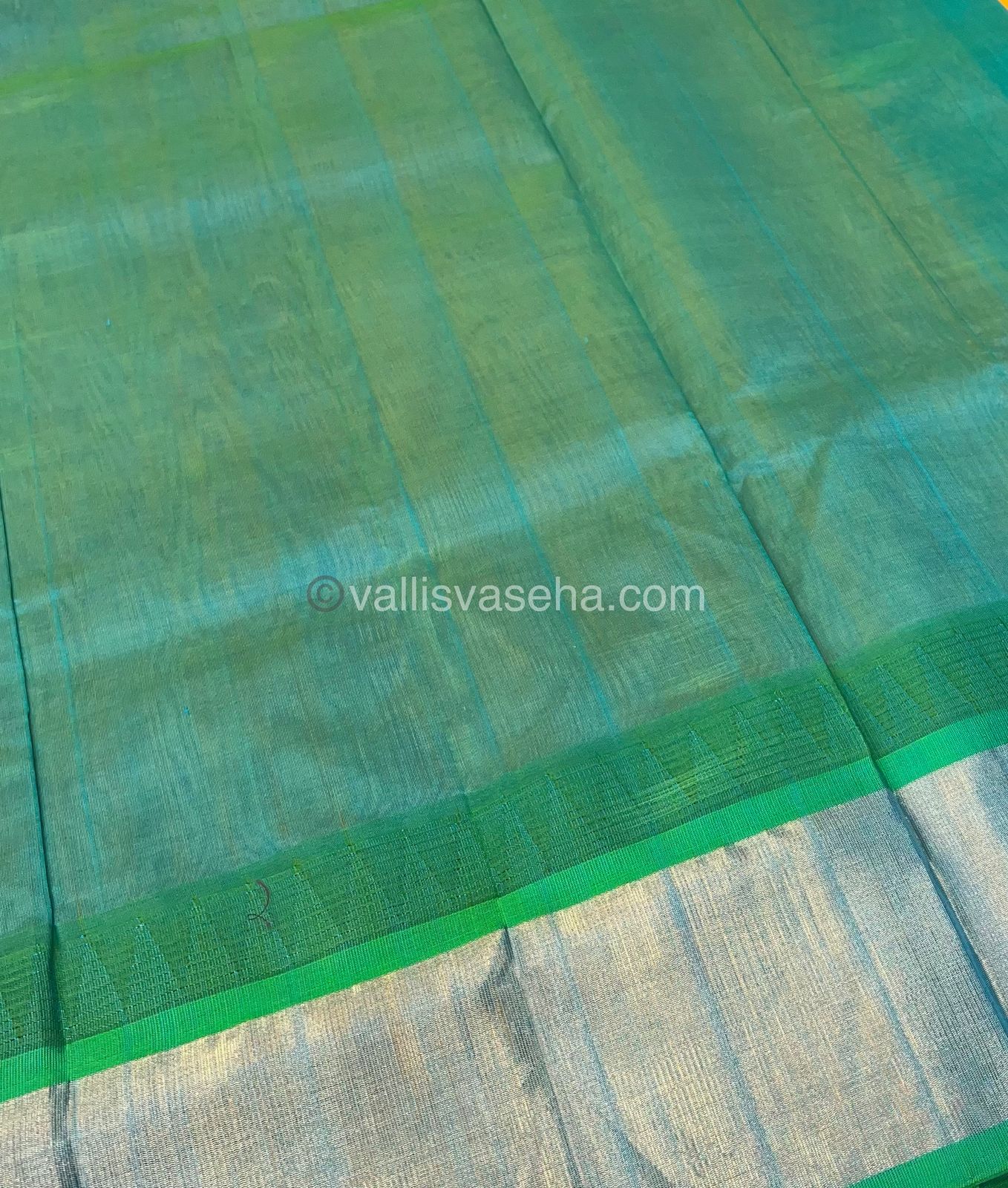 Pure Korvai Silk Cotton Saree -  Lemon Yellow With Blue Shade Temple border - VVKSC001