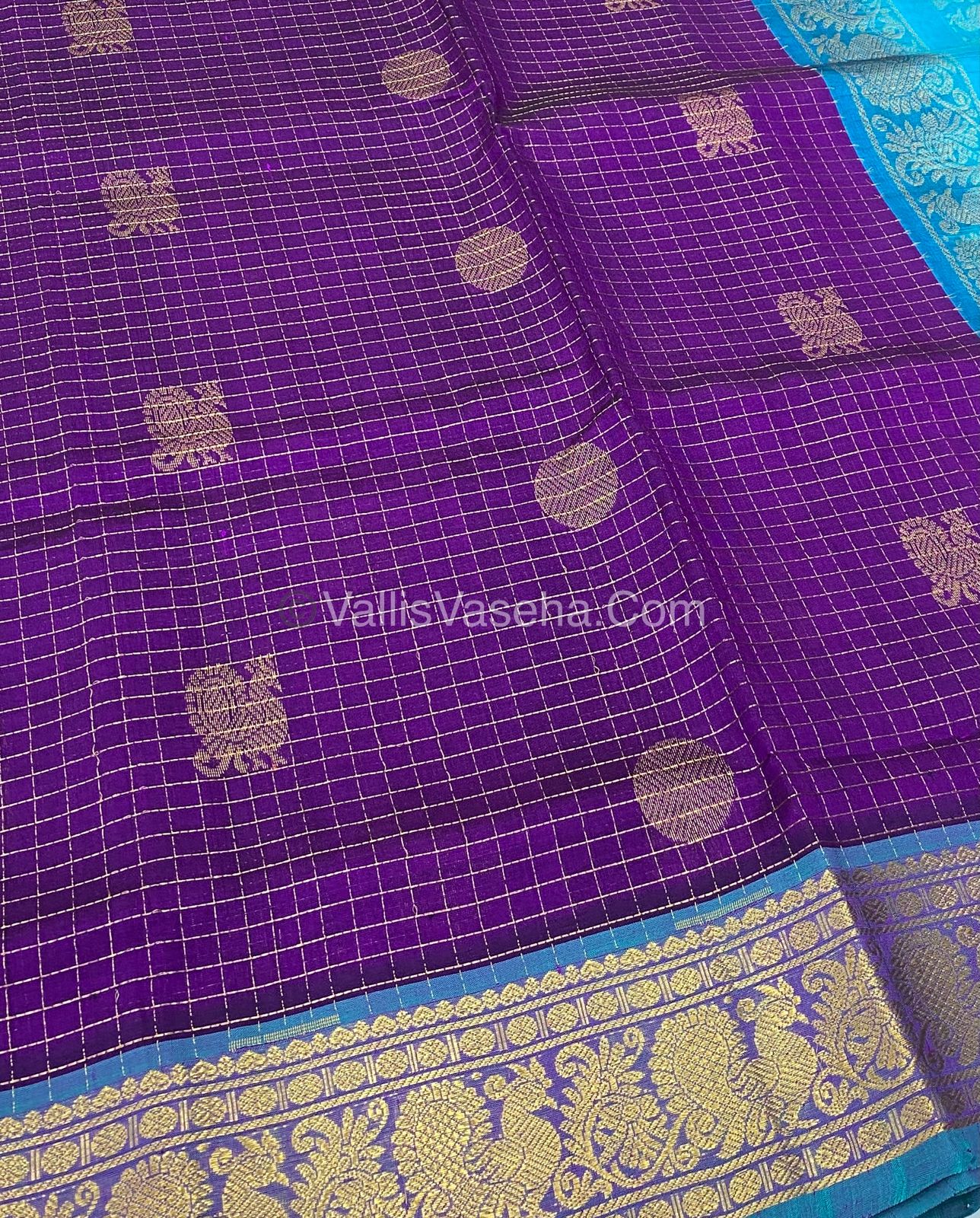 Pure Silk Cotton Saree - Mayil & Chakkaram Design - Purple with Teal Blue Combo - VVMC002