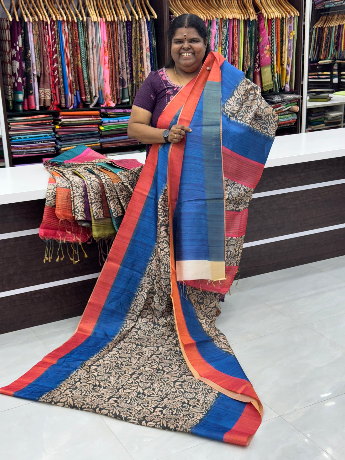 Semi Tussar -Blue & Peach - VVSTS005