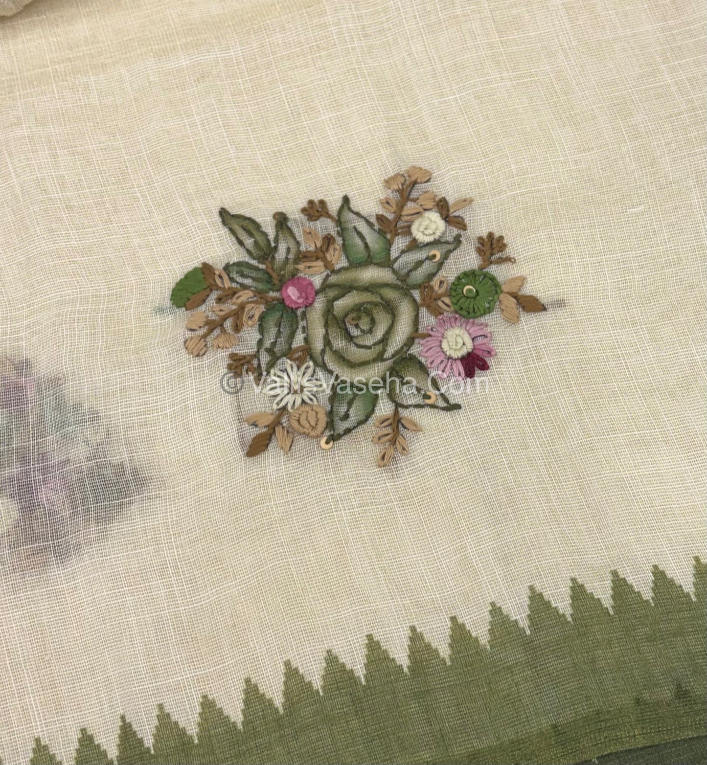 French Knot - Tissue Saree - Cream With Green Shade - VVLFN007
