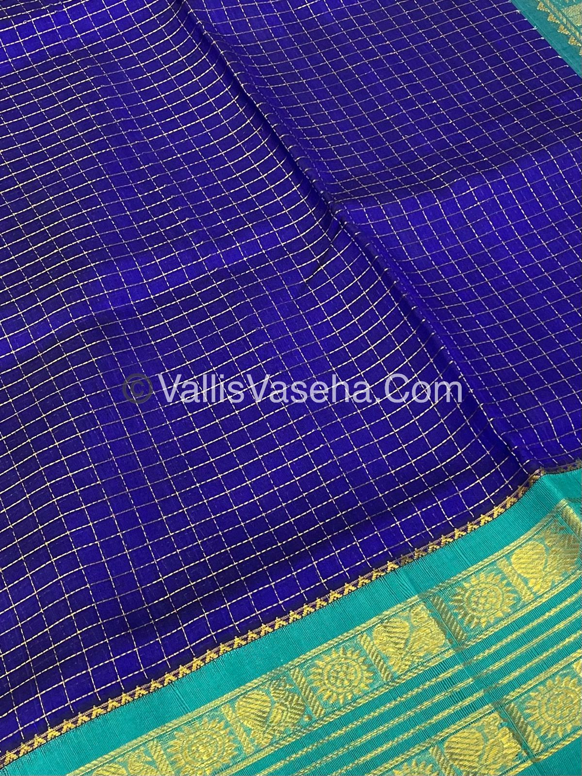 Pure Korvai Silk Cotton - Retta Petta Border - Blue With Turquoise Blue Combo - VVKSC010