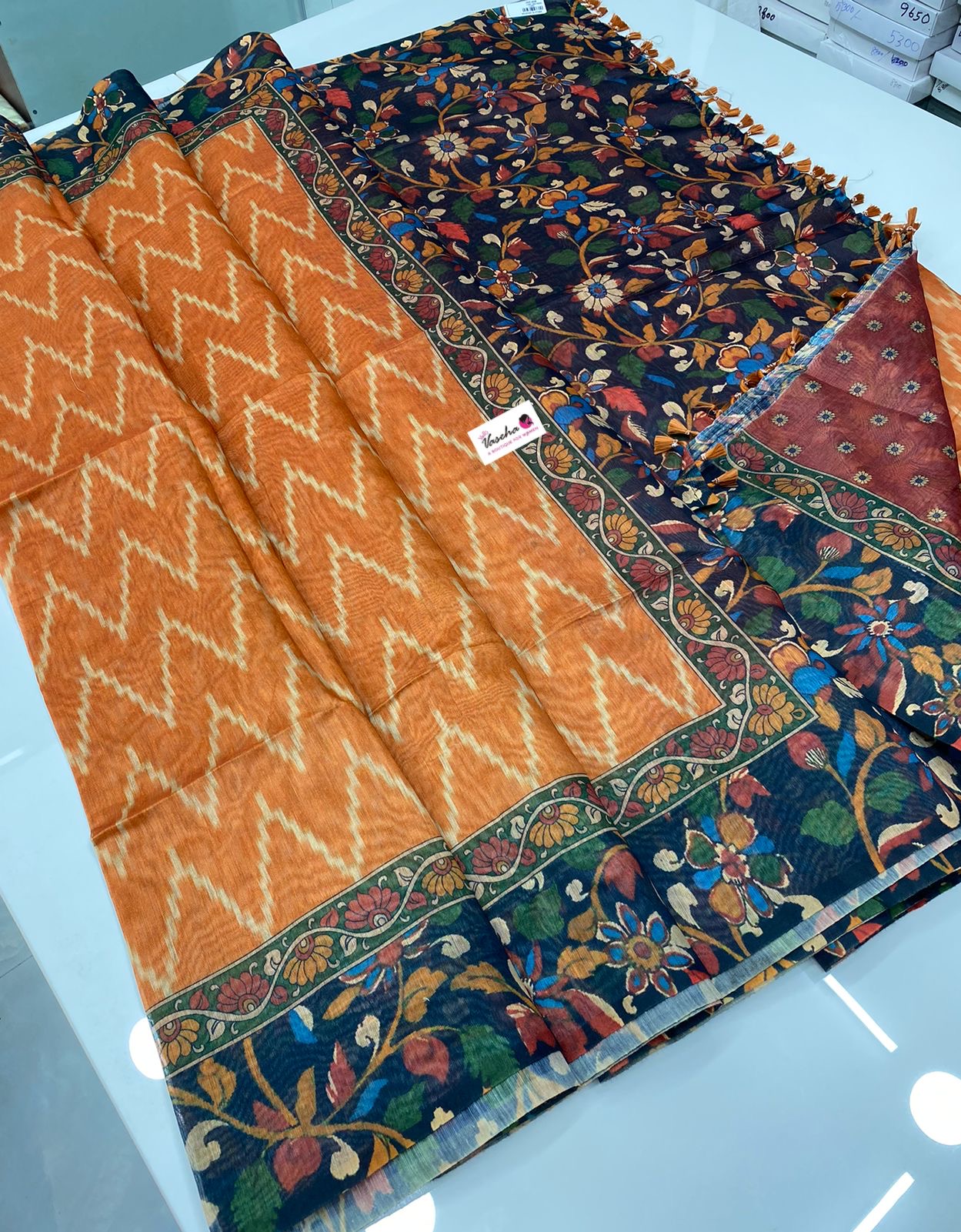 Chanderi Mixed Cotton Saree - Ikkat & kalamkari design - VVCC002