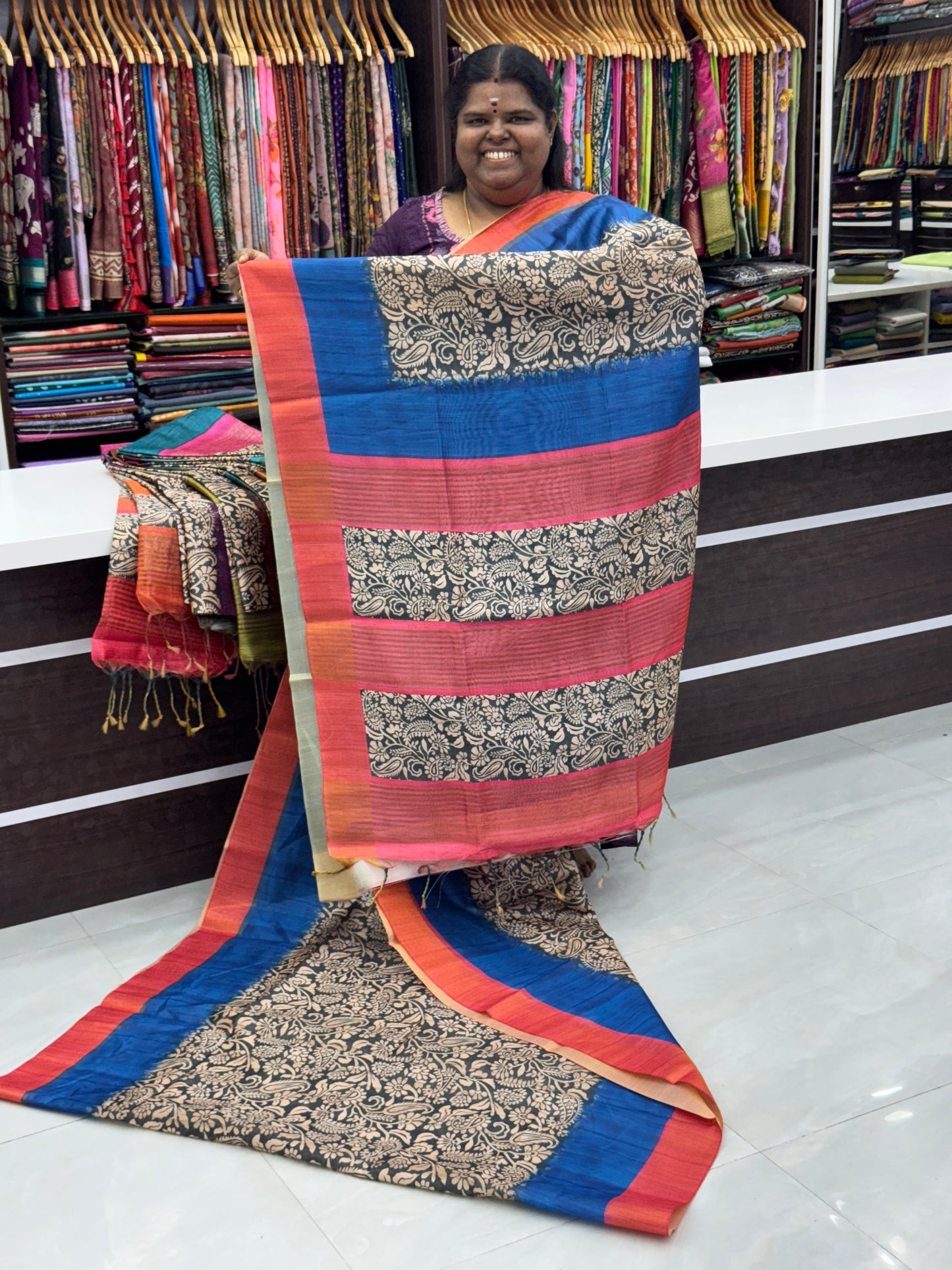 Semi Tussar -Blue & Peach - VVSTS005