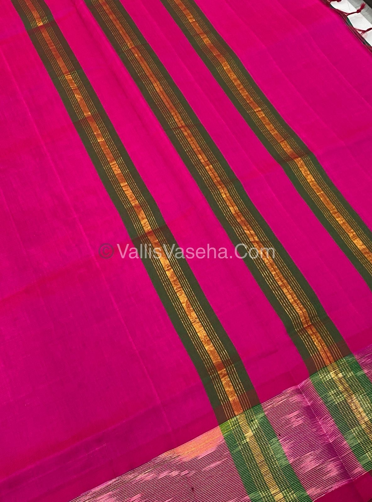 Semi Silk Cotton Saree - Dark Green & Pink - VVSSC001