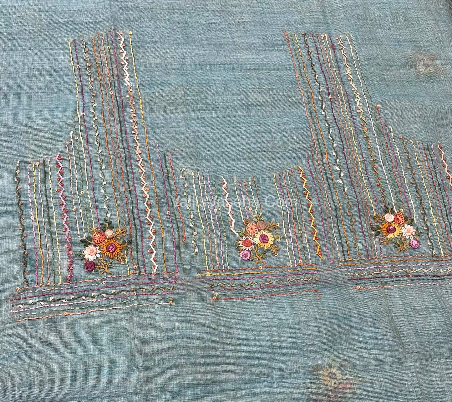 French Knot - Linen Tissue Saree - Blue Shade - Heavy Work Blouse - VVLFN012