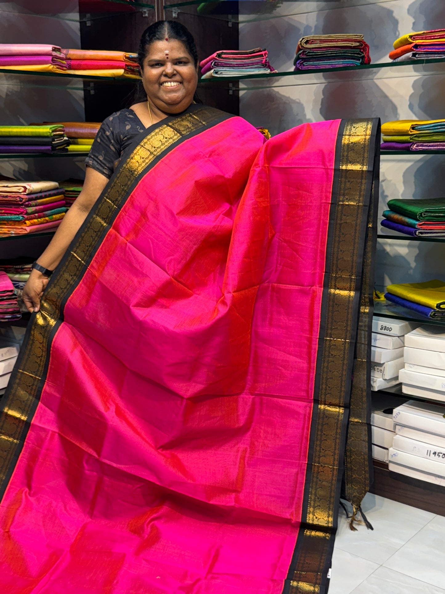 Pure Korvai Silk Cotton - Peachish Pink with Black Combo - VVKSC007