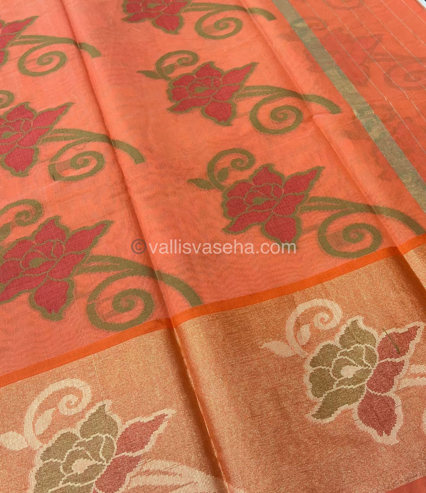 Banarasi Pochampally Weaving Semi Soft Cotton Saree - Fluorescent Green with Orange - VVBPS001