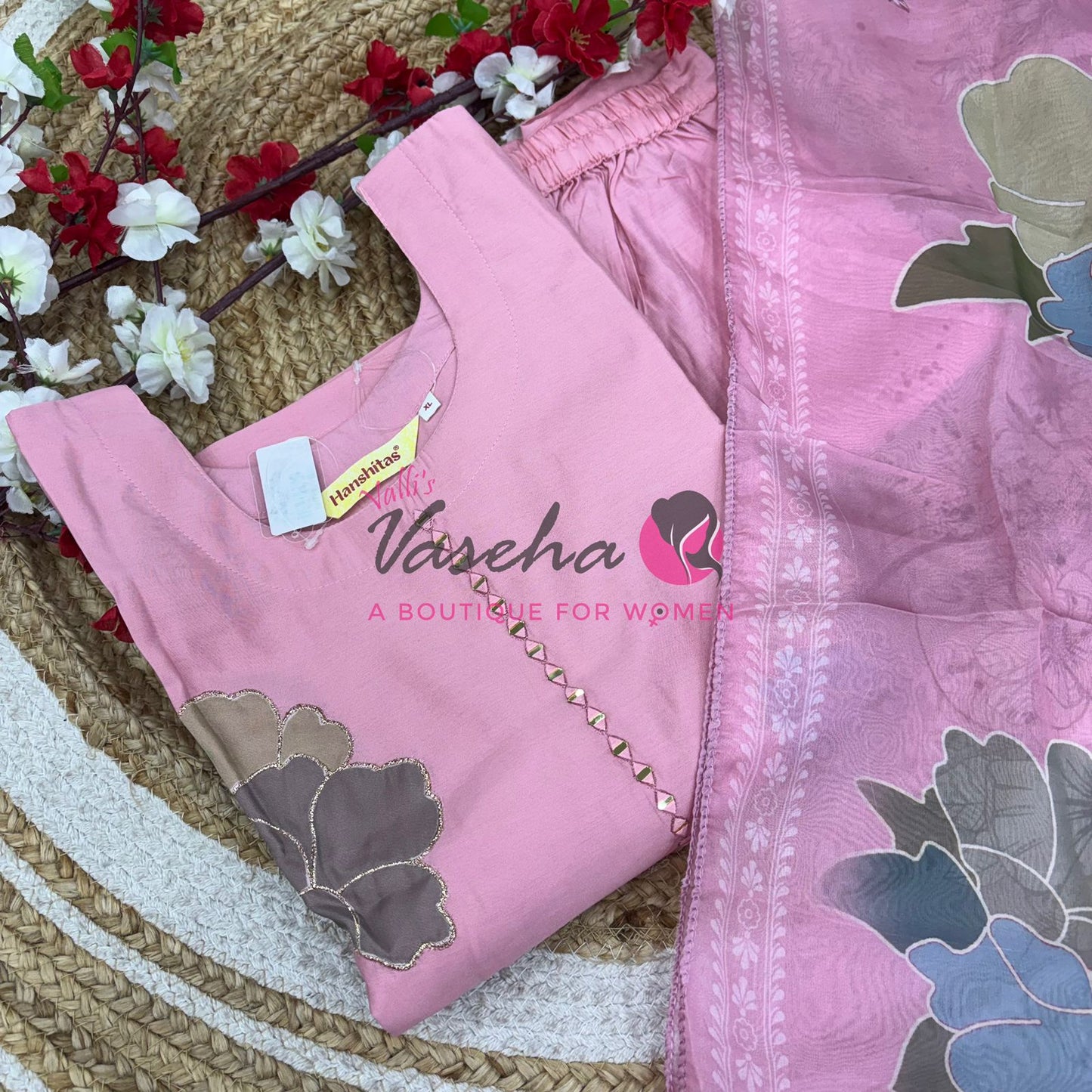 Readymade 3pc Set - Thread Embroidered - Baby Pink - VVRMS009