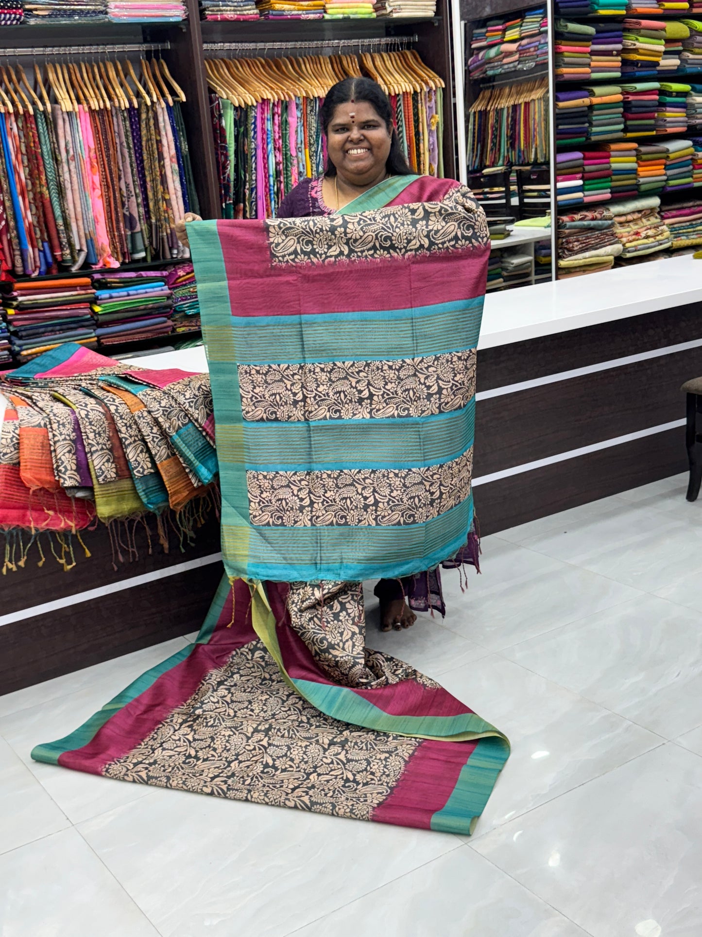 Semi Tussar -Pink & Teal Blue Border - VVSTS005