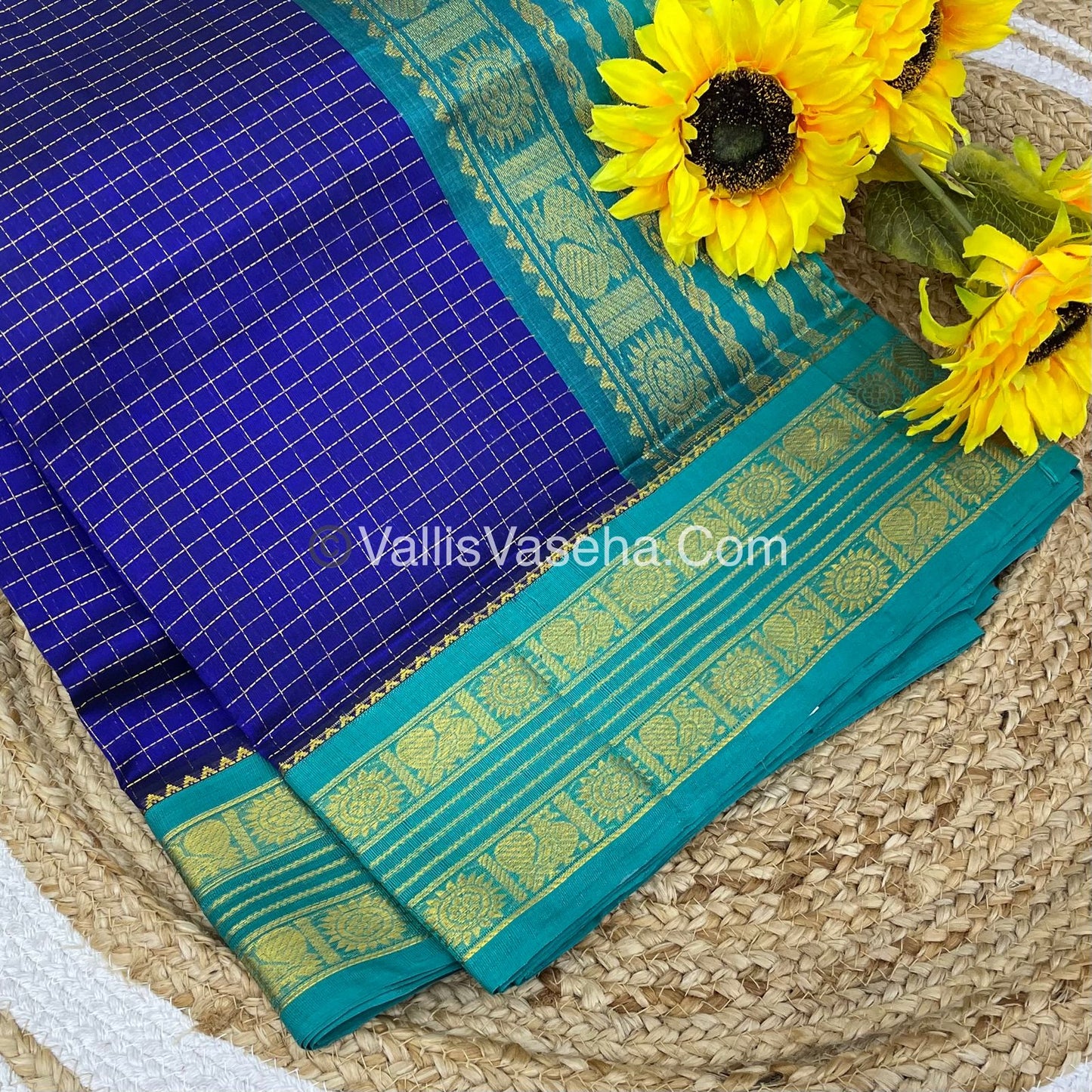 Pure Korvai Silk Cotton - Retta Petta Border - Blue With Turquoise Blue Combo - VVKSC010