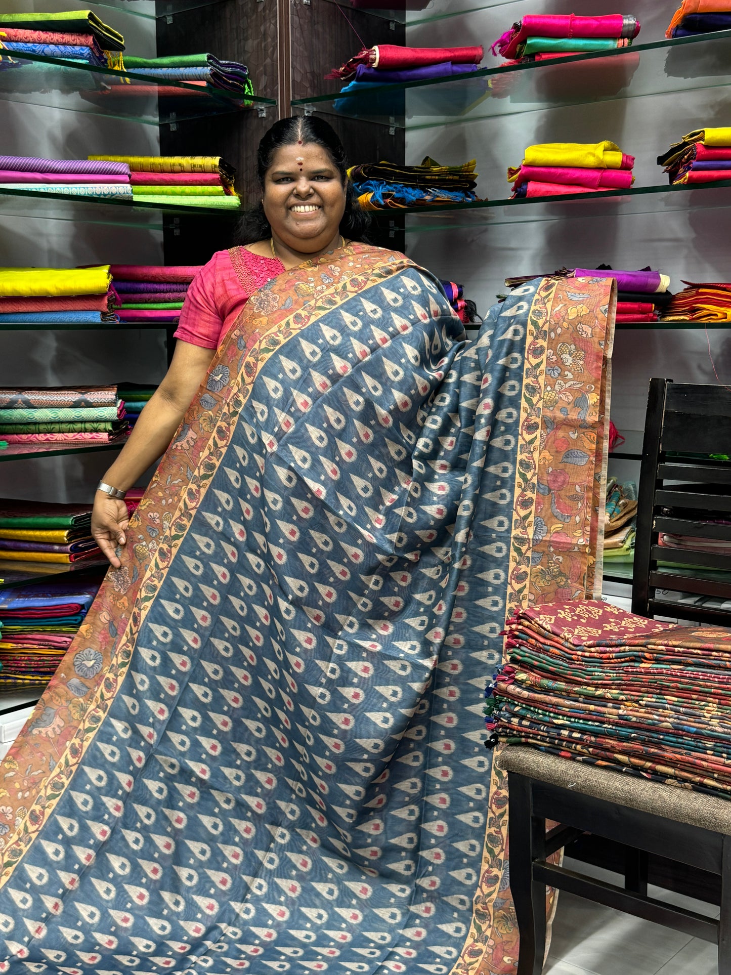 Chanderi Mixed Cotton Saree - Ikkat & kalamkari design - VVCC002
