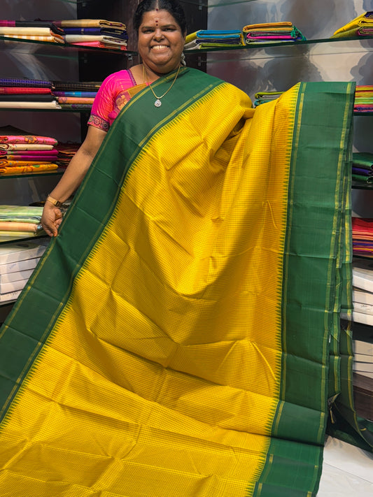 Pure Kanchipuram Silk Saree - Lovely Yellow and Green - Thalampoo - Retta Petta Border - VVPS006