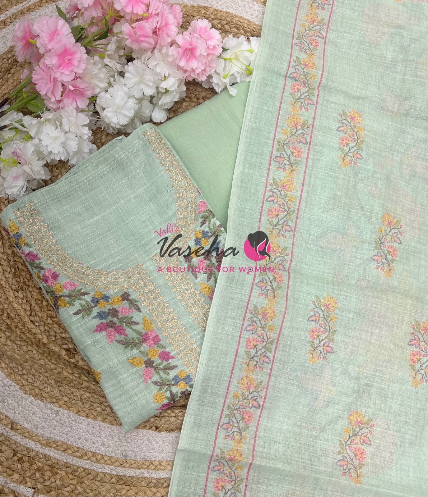 Unstitched Linen Mixed Cotton Material | Green Shade | VVUSM054