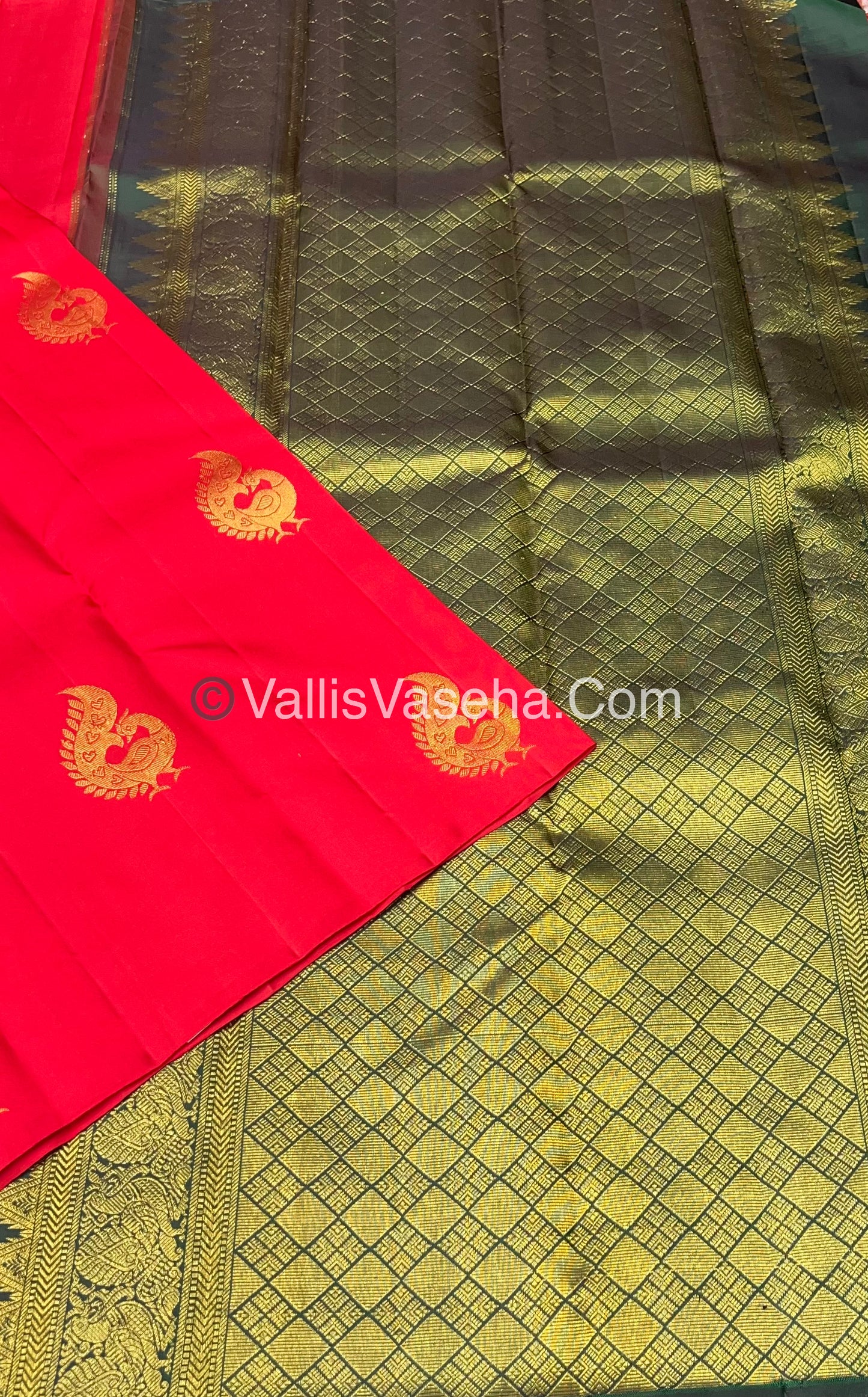 Pure Kanchipuram Silk Saree - Borderless - Red with Green - VVPS014