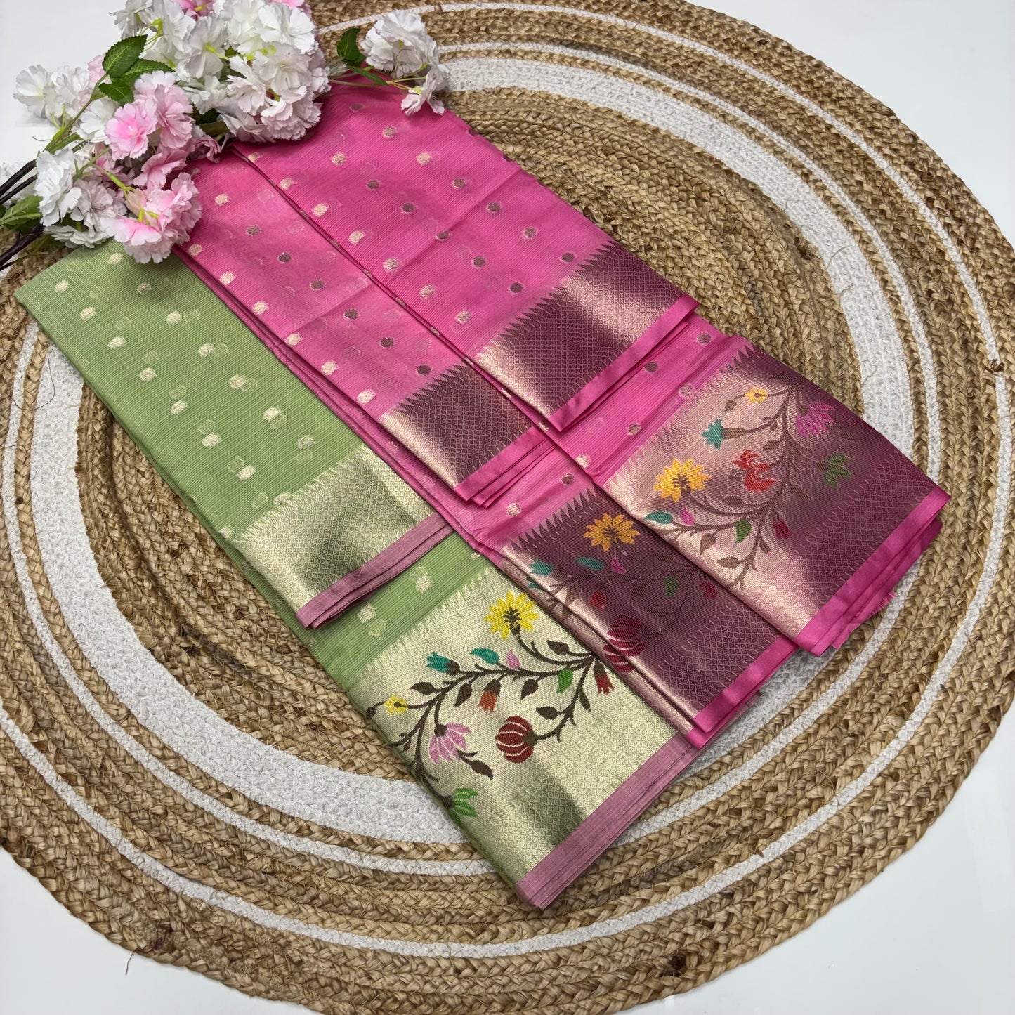 Unstitched - Lehenga Material - Zari Kota Tissue - Green & Pink - VVULM001