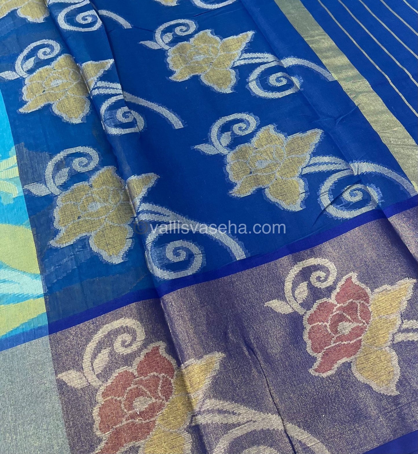 Banarasi Pochampally Weaving Semi Soft Cotton Saree - Light Blue with Dark Blue- VVBPS001