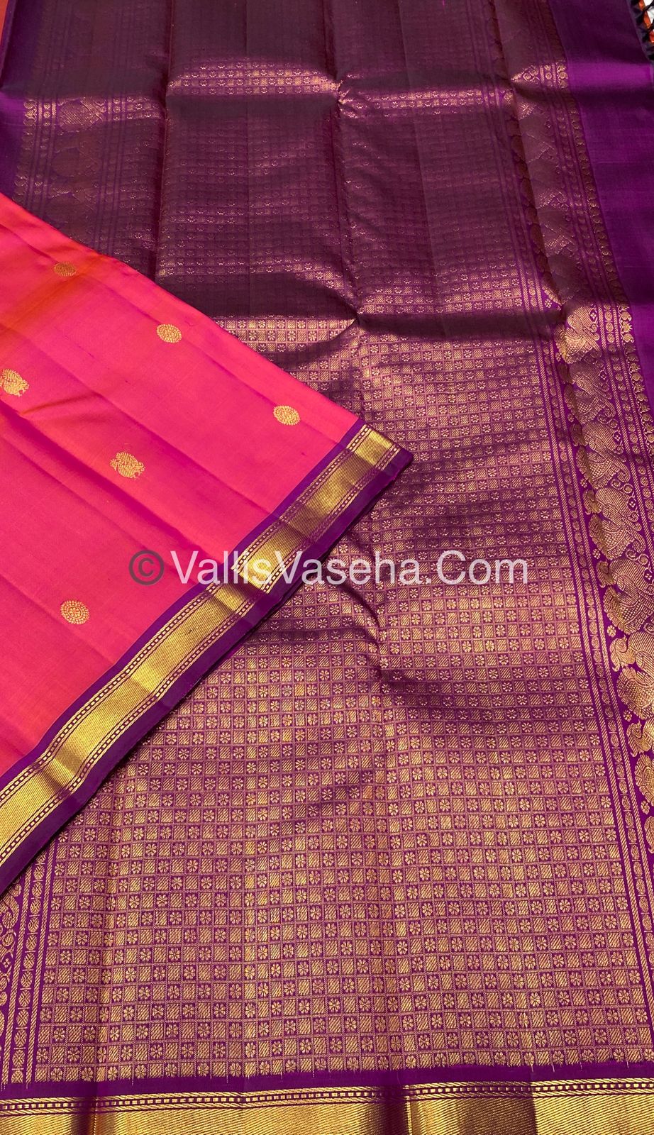 Pure Kanchipuram Silk Saree - Peachish Pink with Purple Combo - VVPS010