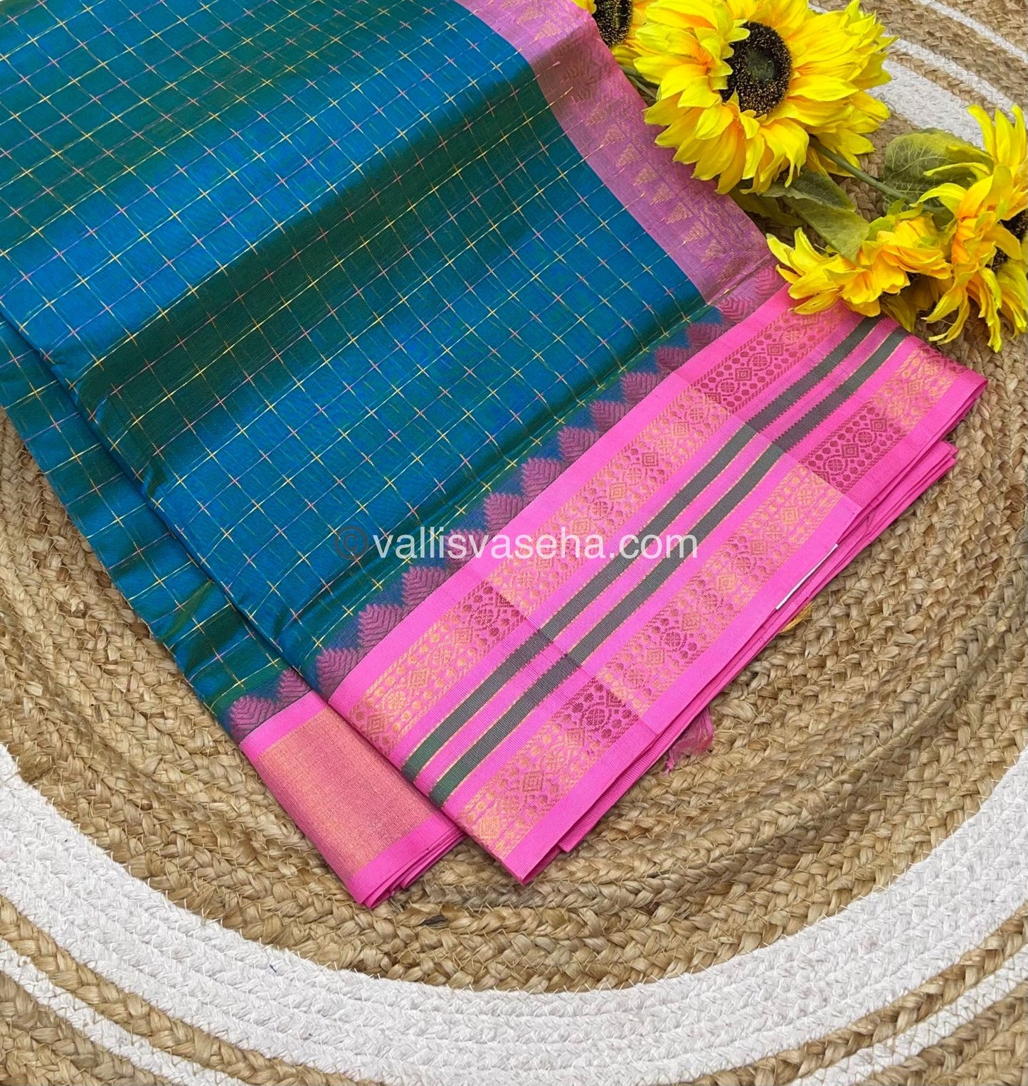 Korvai Silk Cotton - Blue Shade with Pink - VVKSC012