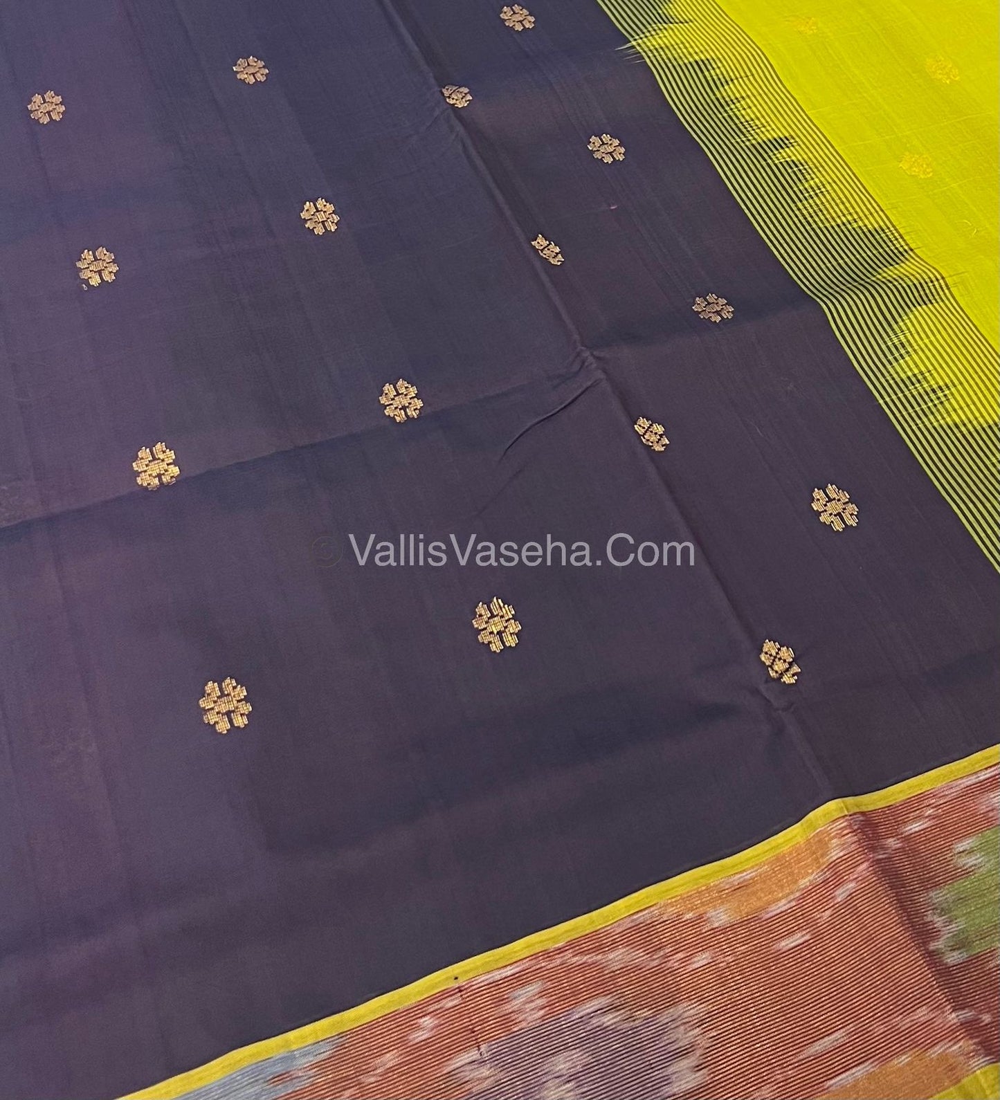 Semi Silk Cotton Saree - Dark Brown & Green - VVSSC001