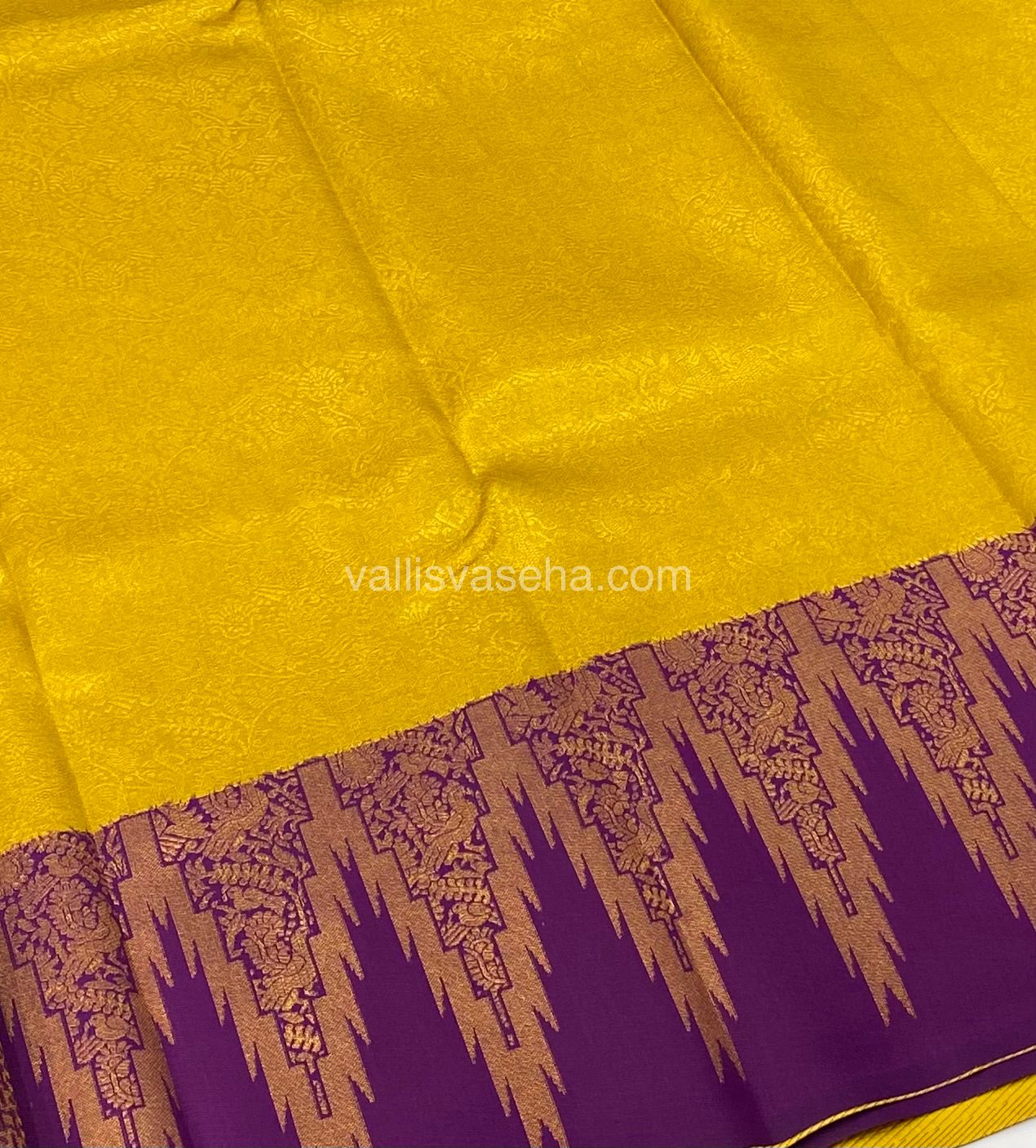 Kanchi Semi Silk - Yellow With Purple - Temple Border - VVKSS001