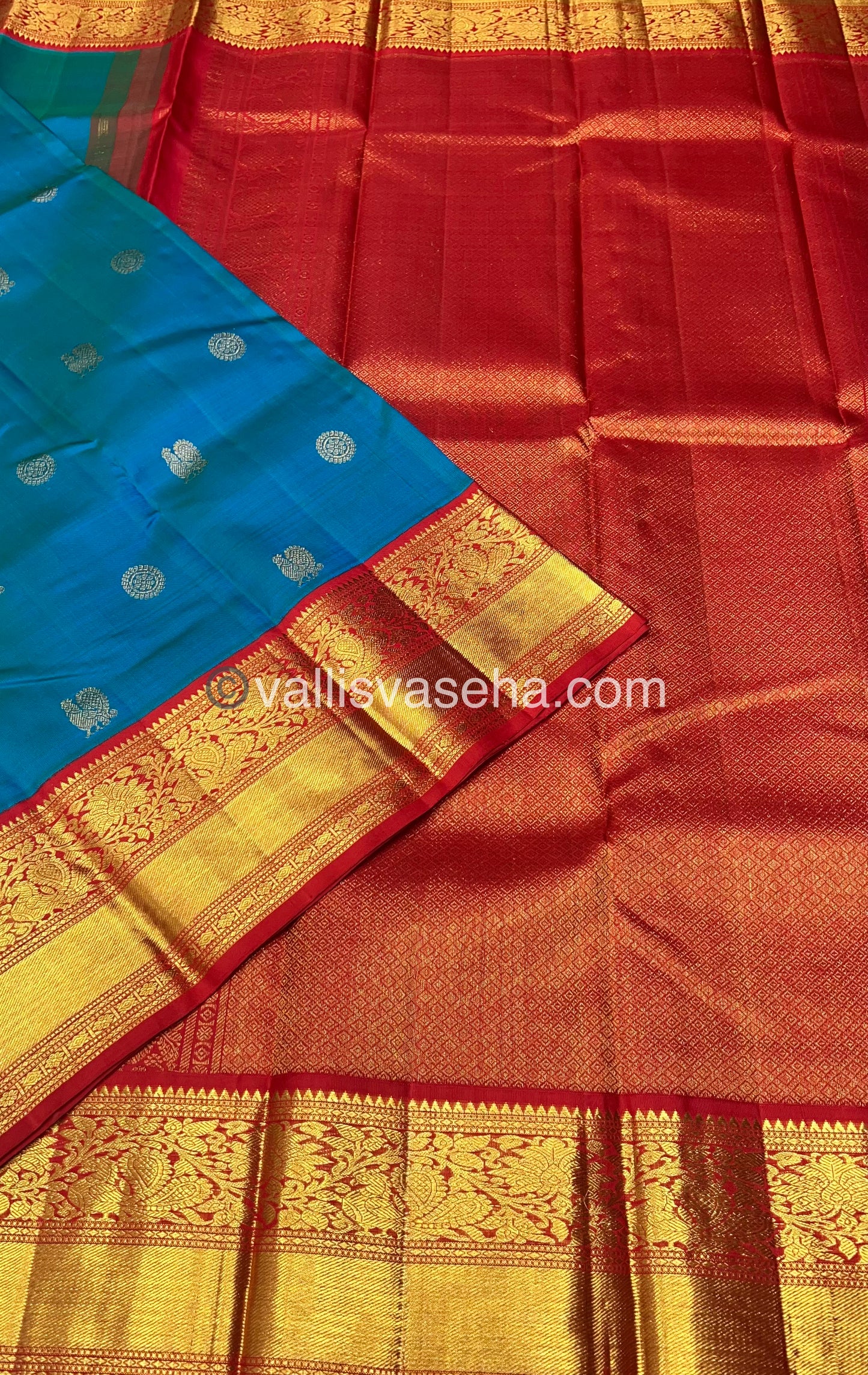 Pure Kanchipuram Silk Saree - Blue with Reddish Orange Shade - VVPS010
