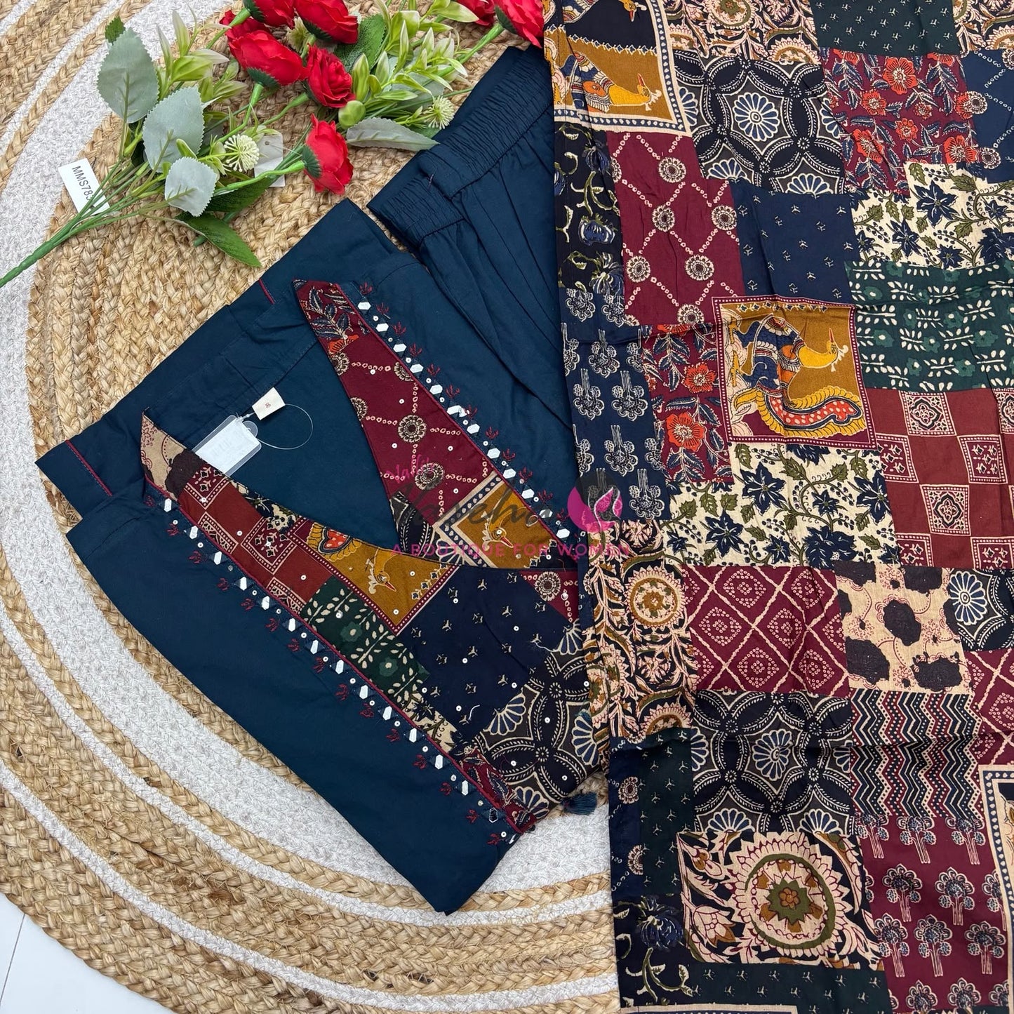Readymade 3pc Set - Ramar Blue - Collar Neck - Kalamkari / Ajrakh Design - VVRMS010
