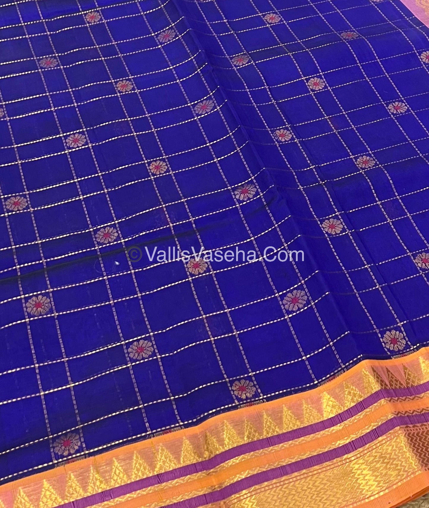 Pure Korvai Silk Cotton Saree - Blue With Peach - VVKSC020