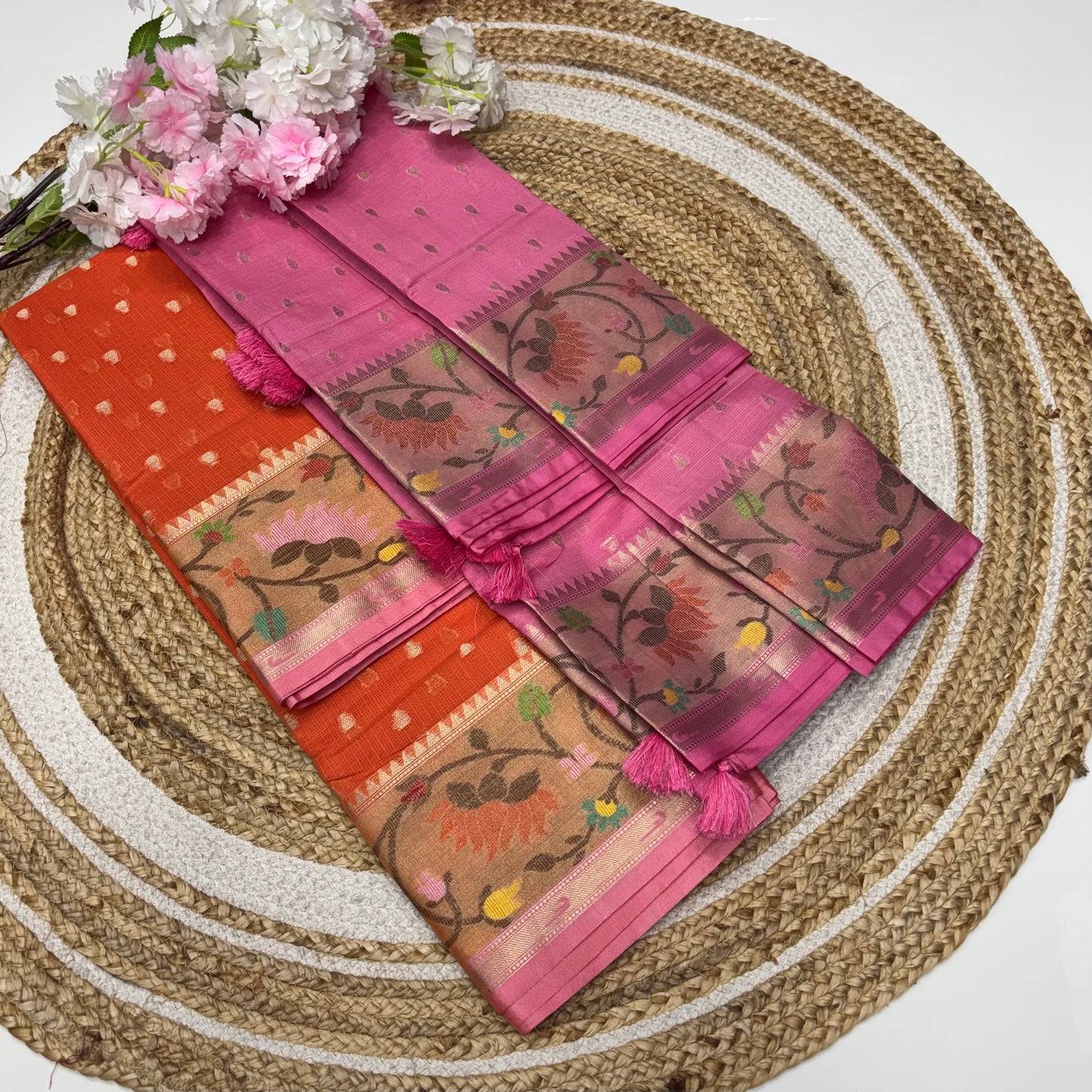 Unstitched - Lehenga Material - Zari Kota Tissue - Orange & Pink - VVULM001